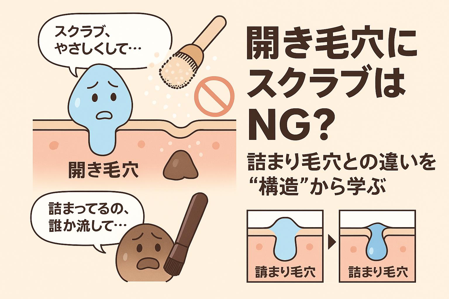 擬人化された「開き毛穴」と「詰まり毛穴」がそれぞれスクラブへの反応を語る教育的イラスト。開き毛穴にはスクラブが刺激となる構造が描かれ、断面図とともに「タイプ別ケアの違い」を視覚的に解説。