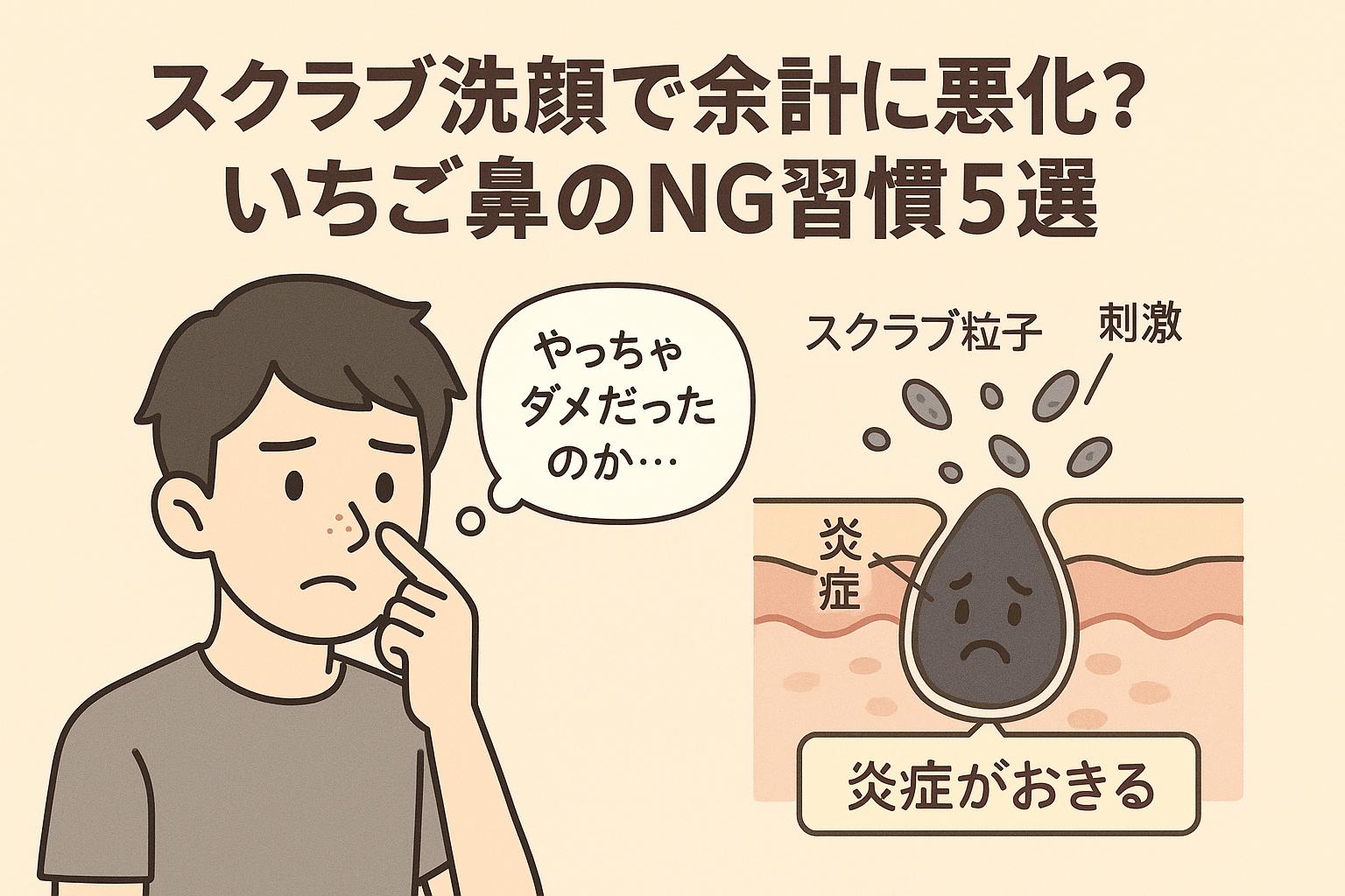 スクラブ洗顔をして「やっちゃダメだったのか…」と後悔する男性と、刺激によって炎症が起こる毛穴構造の図。「スクラブ粒子」「刺激」「炎症が起きる」などのラベルで、いちご鼻に悪影響を及ぼす習慣を解説している。