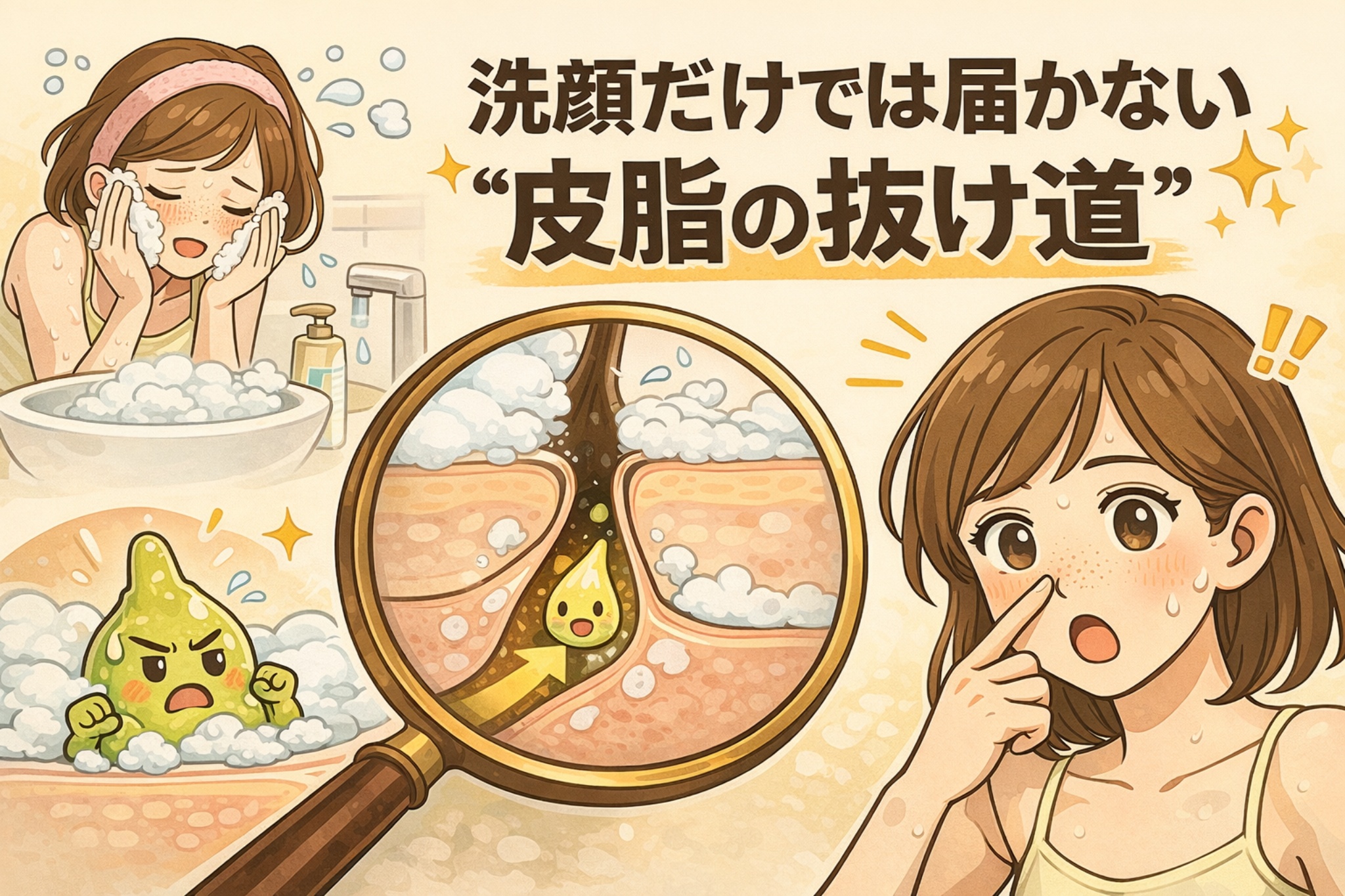 洗顔だけでは皮脂が毛穴の奥から排出されない理由を、「皮脂の抜け道」という構造視点で説明したイラスト。泡洗顔では届かない毛穴内部を拡大し、皮脂が出口を失って滞留している様子と、それに気づく女性の表情を描いている。