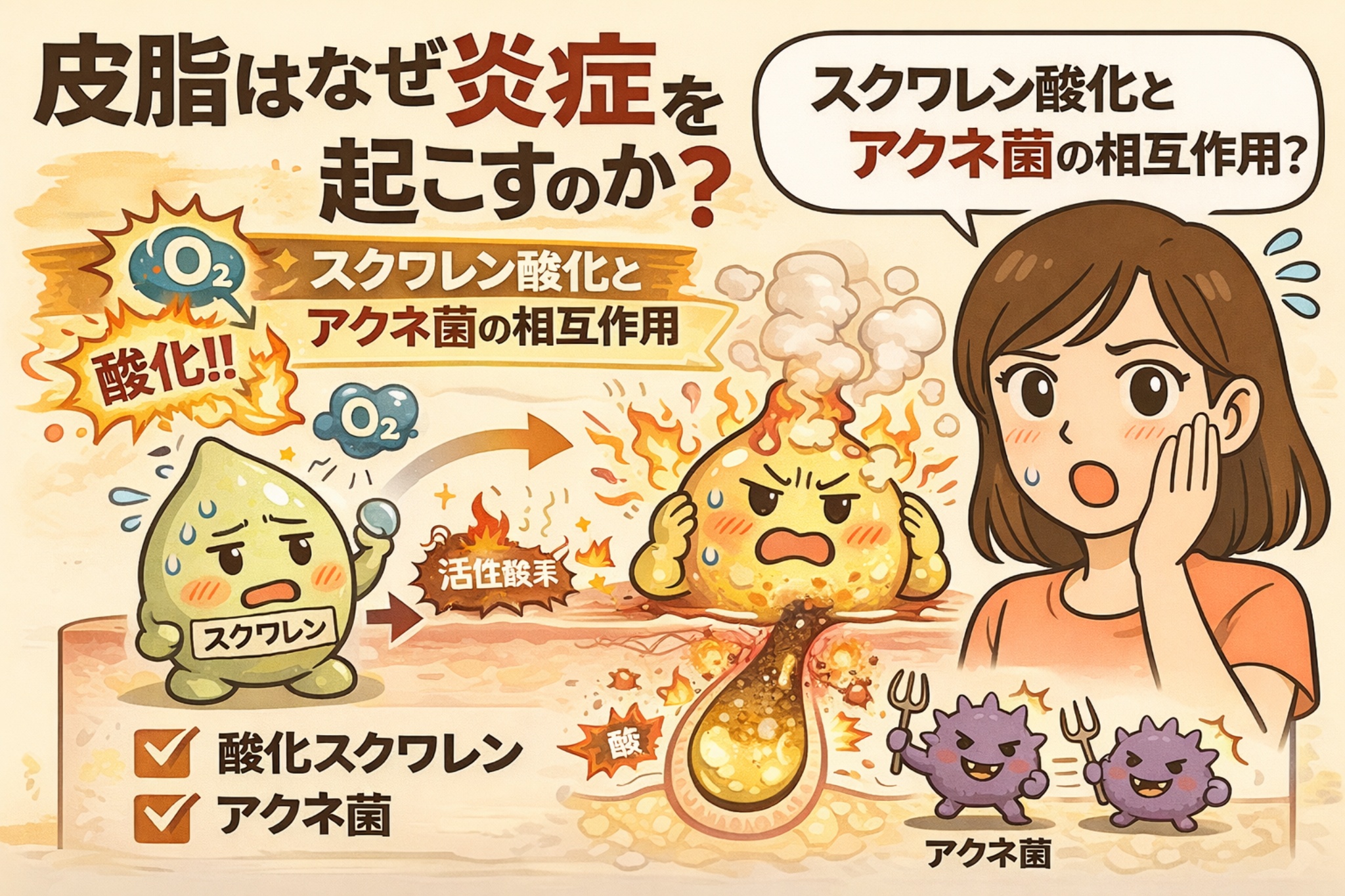 皮脂が炎症を起こす仕組みを解説する図解イラスト。スクワレンが酸化して活性酸素を生み、アクネ菌との相互作用によって毛穴内部で炎症が拡大する様子を描写している。中央には炎症を起こした毛穴断面図、右側には頬を押さえて不安そうな女性、下部にはアクネ菌のイラストが配置され、皮脂酸化とニキビ炎症の関係をわかりやすく伝えるビジュアル。