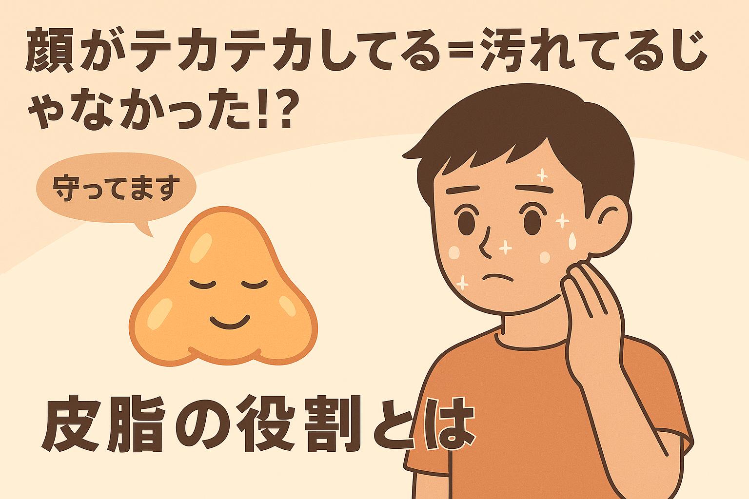 顔のテカリに戸惑う男子中学生と、鼻の形をしたしずくキャラ。「守ってます」というセリフと「皮脂の役割とは」のテキストが印象的な構成。