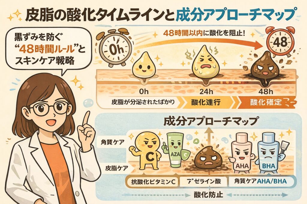 皮脂が酸化して黒ずみになるまでの48時間タイムラインと、成分による対策マップを解説するイラスト。0時間・24時間・48時間で変化する皮脂の状態を図解し、抗酸化ビタミンC、アゼライン酸、AHA/BHAなどの成分がどの段階でアプローチするかを、白衣姿の解説者とともにわかりやすく示している。