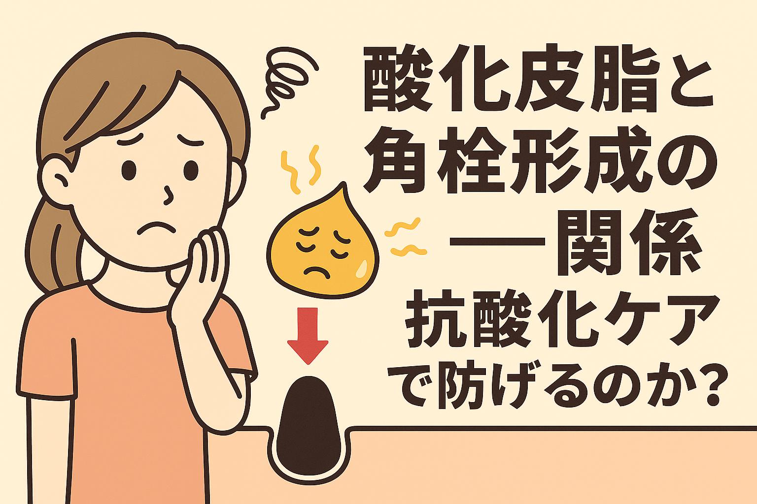 頬に手を当てて悩む女性と、酸化した皮脂が毛穴を詰まらせる様子を図解で示した構図。「酸化皮脂と角栓形成の関係──抗酸化ケアで防げるのか？」という問いを視覚的に表現。