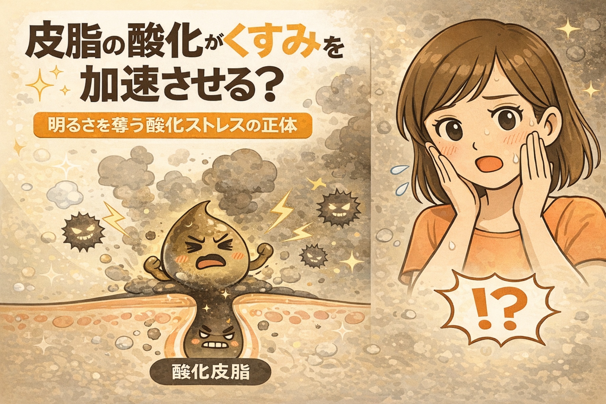 皮脂の酸化が肌のくすみを加速させる仕組みを解説したイラスト。毛穴内で皮脂が酸化し、酸化ストレスによって肌トーンが暗く見える過程を、擬人化キャラクターと毛穴断面図で表現し、くすみの正体が汚れではなく酸化であることを分かりやすく伝えている。