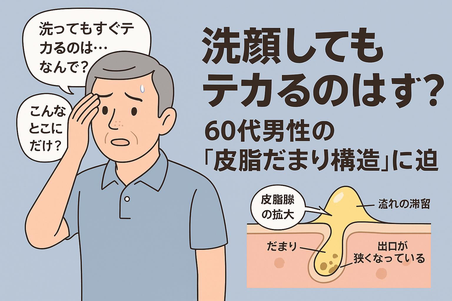 ポロシャツ姿の60代男性が額を気にするように手で触れ、「洗ってもすぐテカるのは…なんで？」と困惑する表情。右側には皮脂腺の拡大、だまり、出口の狭窄を示した皮脂だまり構造の図解とタイトル。