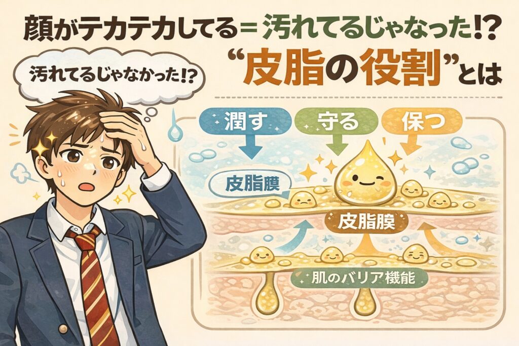顔がテカテカしていることは汚れではなく皮脂の働きであることを解説した図解イラスト。皮脂が「潤す・守る・保つ」という役割を持ち、皮脂膜として肌のバリア機能を支えている様子を、戸惑う男子学生と擬人化された皮脂キャラクターで分かりやすく示している。
