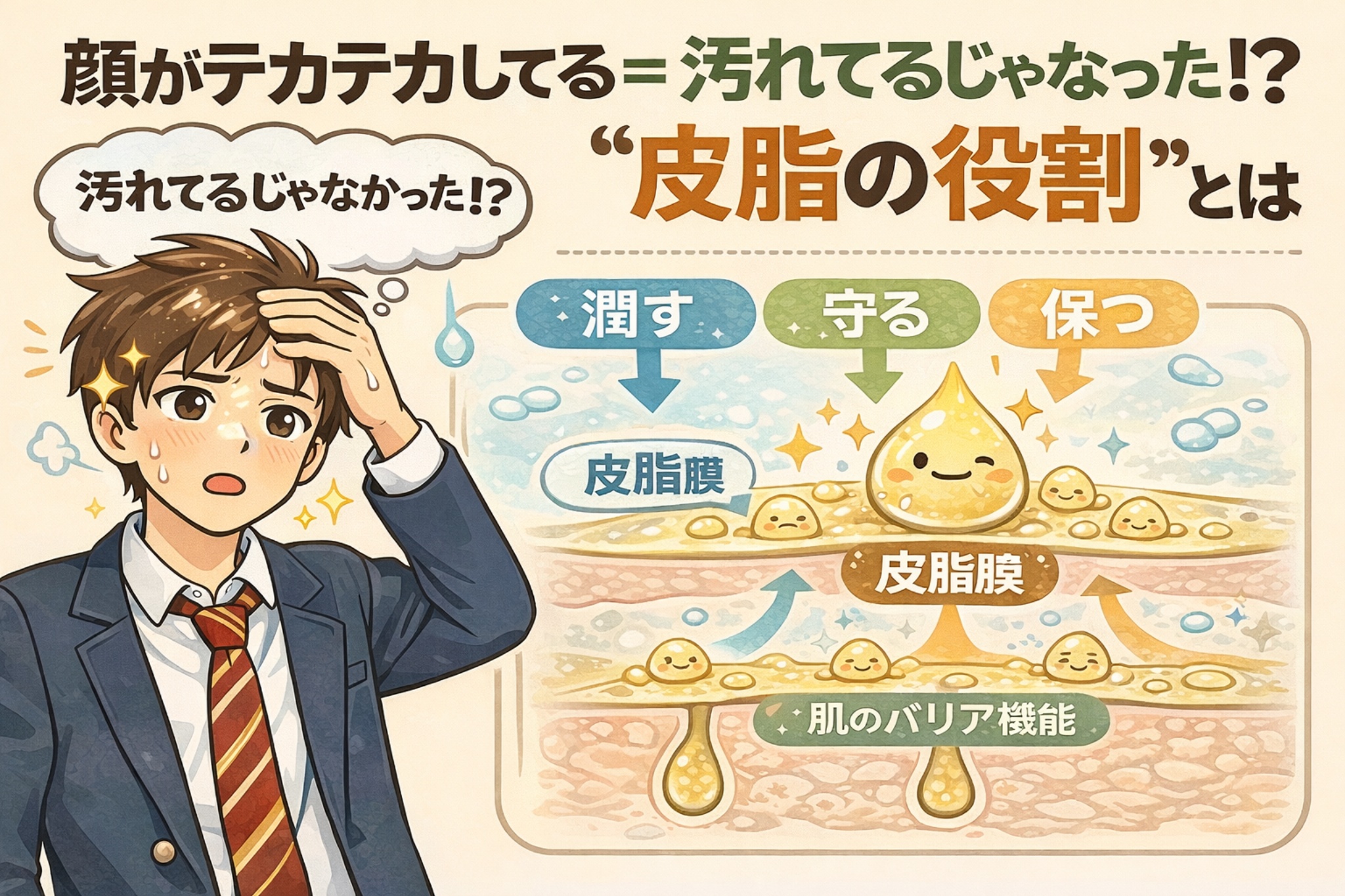 顔がテカテカしていることは汚れではなく皮脂の働きであることを解説した図解イラスト。皮脂が「潤す・守る・保つ」という役割を持ち、皮脂膜として肌のバリア機能を支えている様子を、戸惑う男子学生と擬人化された皮脂キャラクターで分かりやすく示している。