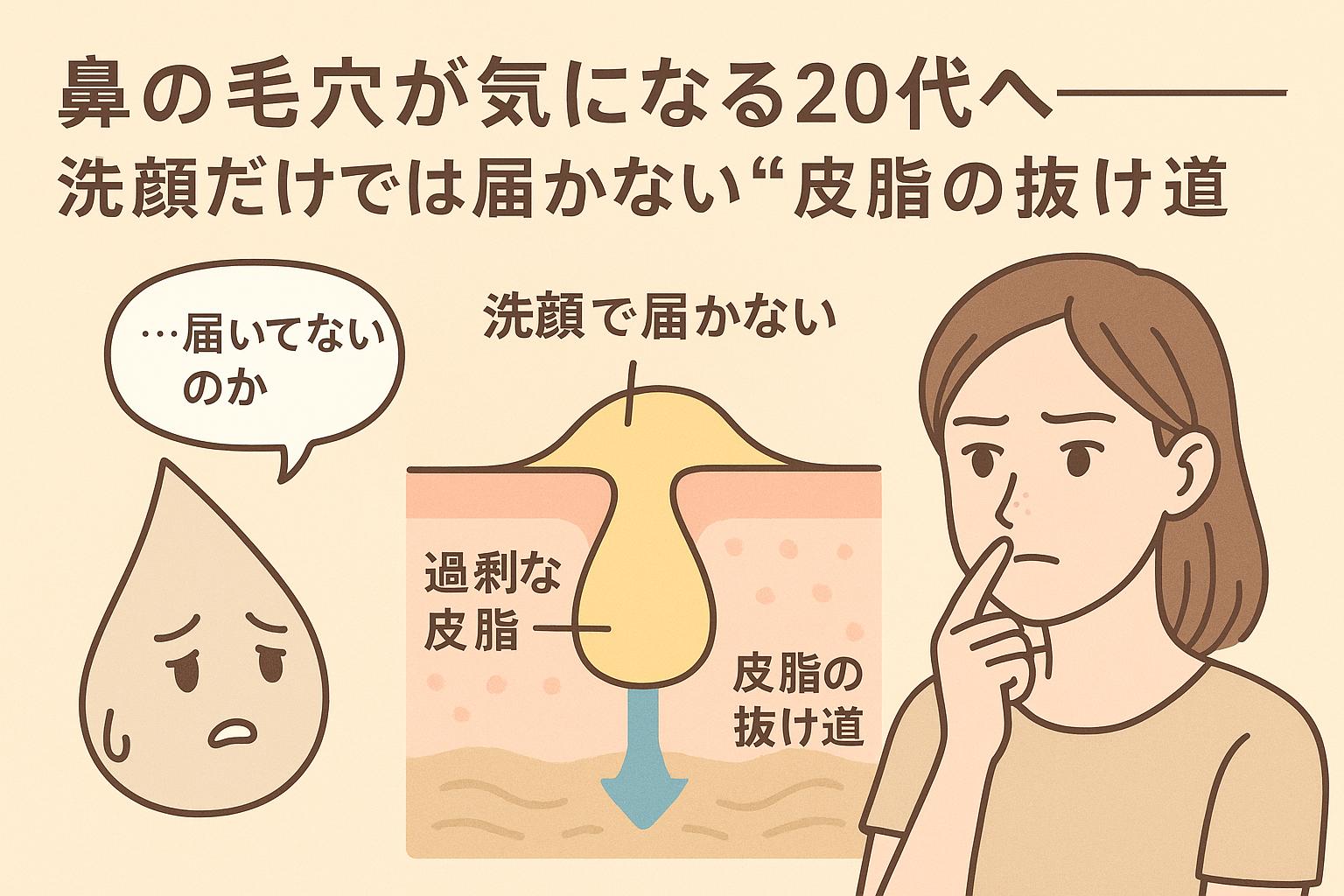 　「鼻の毛穴が気になる20代へ──洗顔だけでは届かない“皮脂の抜け道”」というタイトル。左に「…届いてないのか」とつぶやく皮脂キャラ、中央に洗顔で届かない皮脂のたまりと抜け道の断面図、右に鼻を気にする若い女性。