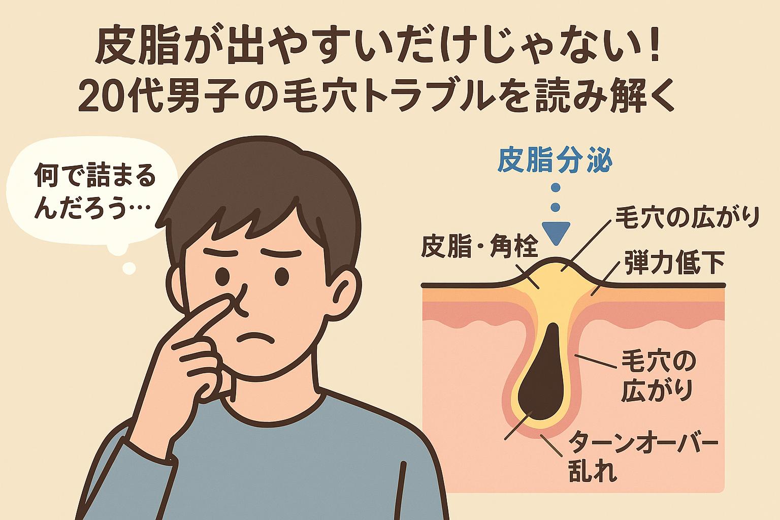 「何で詰まるんだろう…」と悩む男性と、皮脂分泌やターンオーバーの乱れ、毛穴の弾力低下などを要因とした毛穴拡大を説明する断面図。「皮脂・角栓」「弾力低下」「毛穴の広がり」などのラベルがあり、複合原因を可視化している。