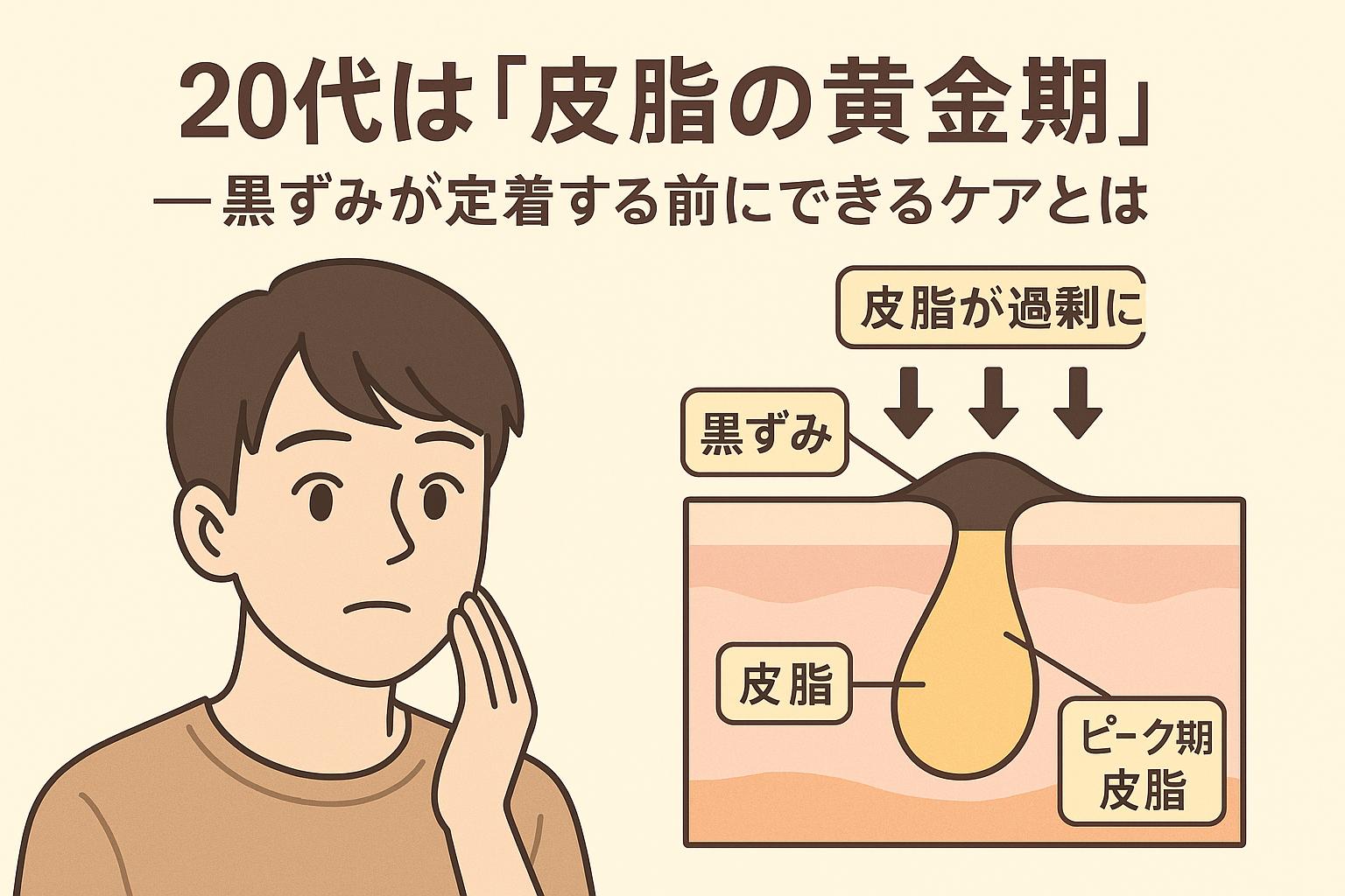 皮脂が過剰に分泌されるピーク期にある男性と、黒ずみとして毛穴に詰まりやすい構造を示す図解。「皮脂」「皮脂が過剰に」「ピーク期皮脂」などのラベルがあり、黒ずみが定着する前に対策が必要であることを視覚的に説明している。