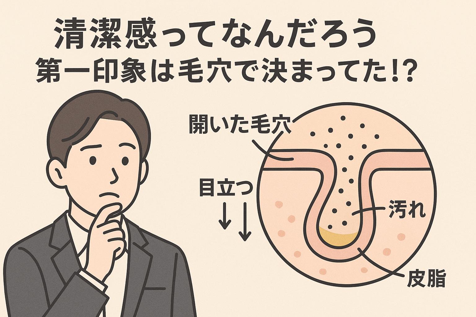 清潔感と第一印象に関するイメージ。スーツを着た男子大学生が鼻を気にする表情で描かれ、右側には「開いた毛穴」や「皮脂」「汚れ」といった要素を示す毛穴断面図が円形に表示されている。構造が目立つことが印象に影響を与えることを示唆している。