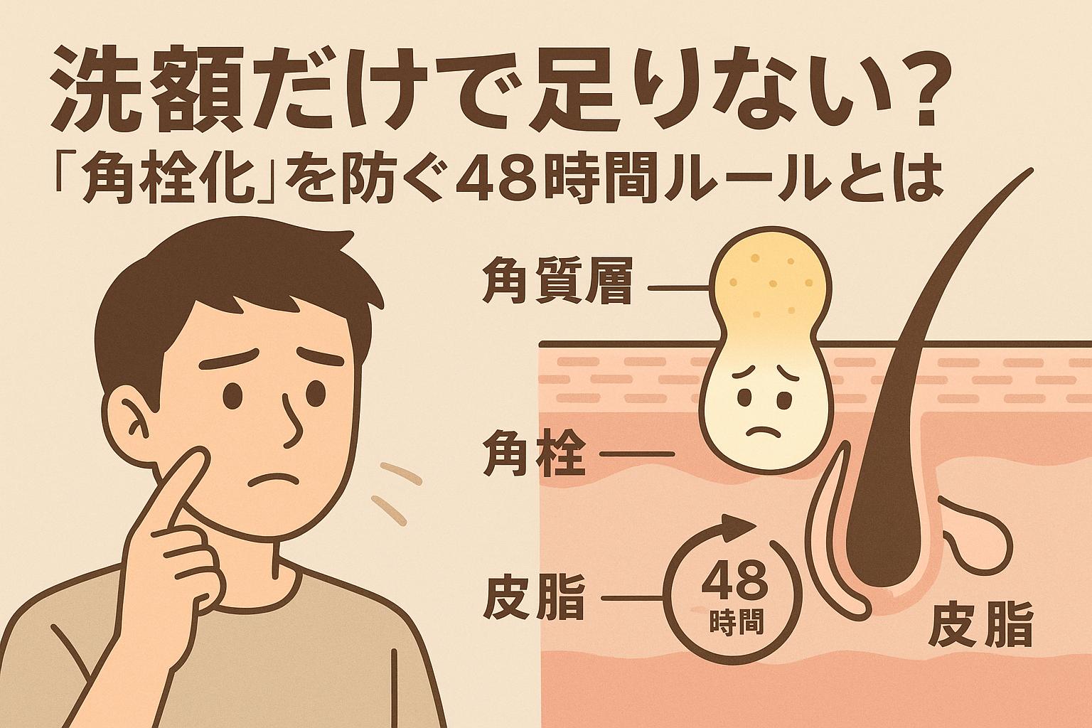 悩ましげな男子大学生が肌を指で触れている様子と、毛穴の断面図が描かれている構成。皮脂が溜まり角栓に変化するまでの48時間サイクルを、「角栓」「角質層」「皮脂」「48時間」などのラベルで可視化している。擬人化された皮脂キャラが構造変化の緊張感を表現。