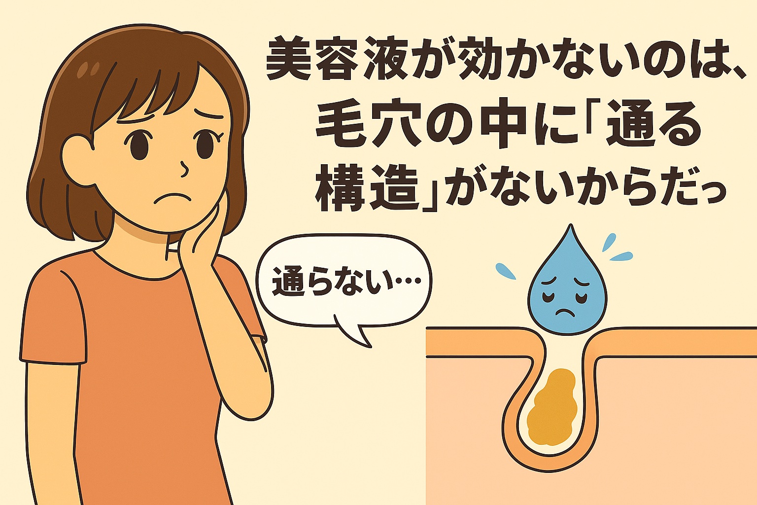 美容液のしずくキャラが「通らない…」とつぶやき、毛穴の中に詰まって届かない様子を表した図解。女性の表情も困惑しており、美容液の“効かない理由”を構造的に描いた一枚。