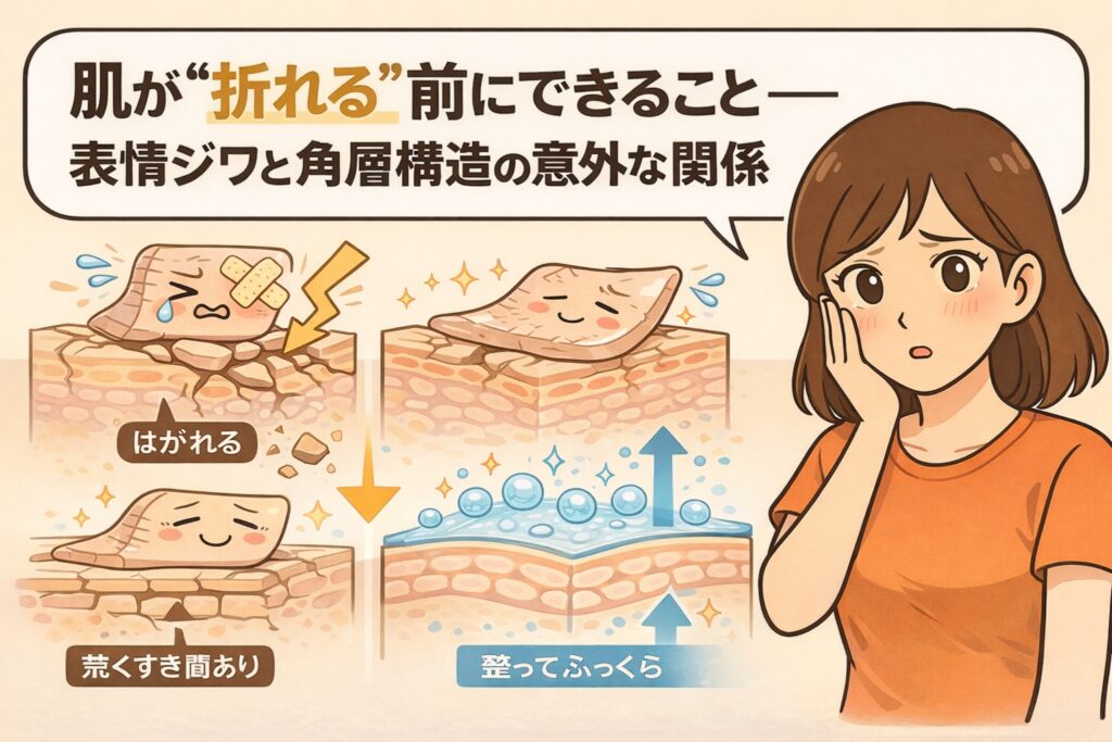 表情ジワができる前の肌状態を解説するイラスト。角層が乱れてはがれやすい状態と、うるおいで満たされてふっくらした角層構造を比較しながら、「肌が折れる前にできること」や表情ジワと角層構造の関係を、女性が頬に手を当てて悩む様子とともに視覚的に説明している。