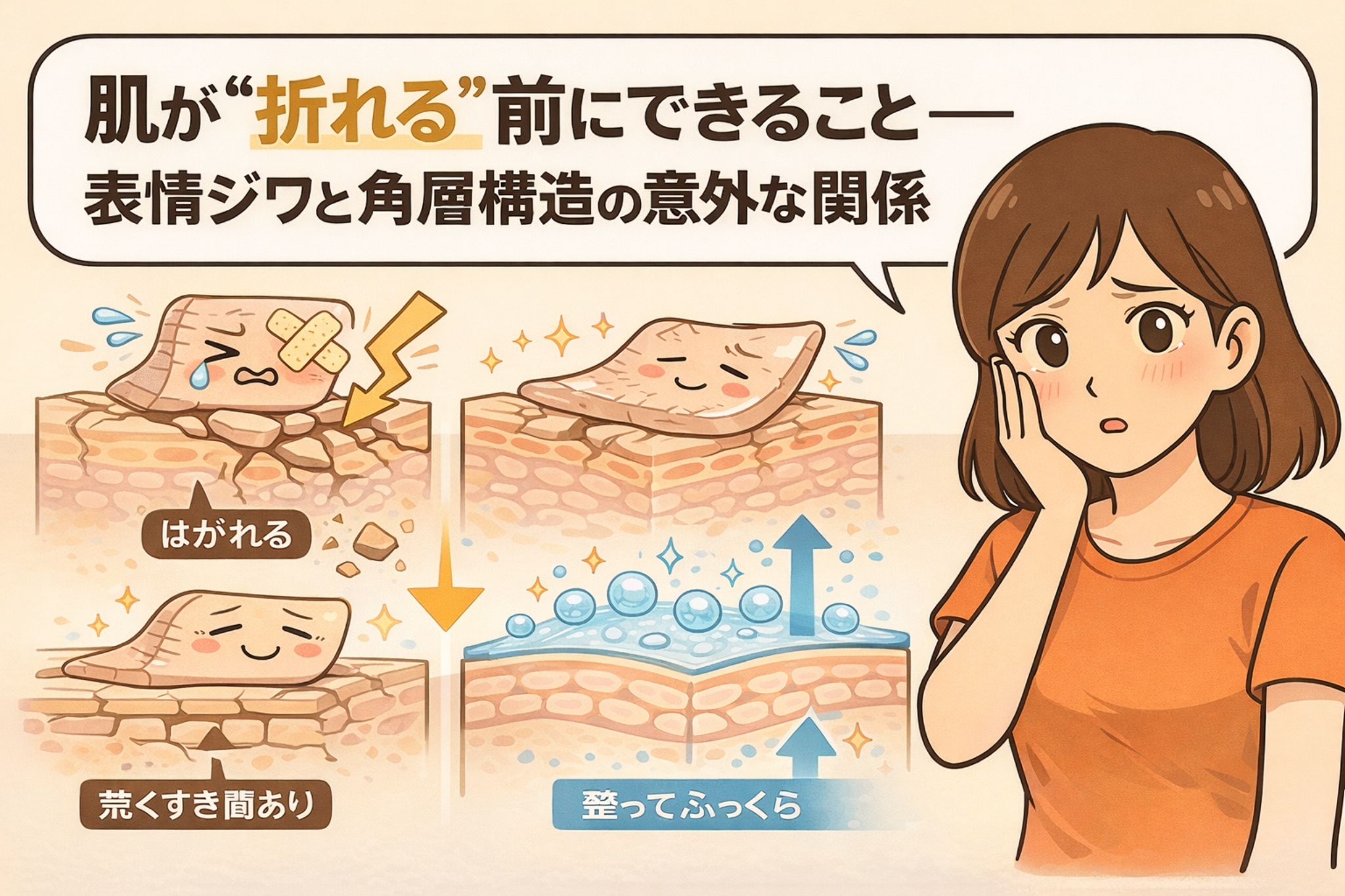 表情ジワができる前の肌状態を解説するイラスト。角層が乱れてはがれやすい状態と、うるおいで満たされてふっくらした角層構造を比較しながら、「肌が折れる前にできること」や表情ジワと角層構造の関係を、女性が頬に手を当てて悩む様子とともに視覚的に説明している。