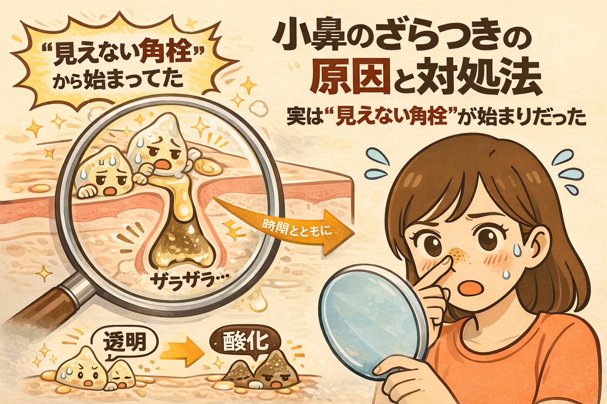 小鼻のざらつきの原因が「見えない角栓」から始まっていることを解説したイラスト。透明な角栓が毛穴にたまり、時間の経過とともに酸化してざらつきや黒ずみに変化する過程を、拡大図と女性の表情でわかりやすく示している。