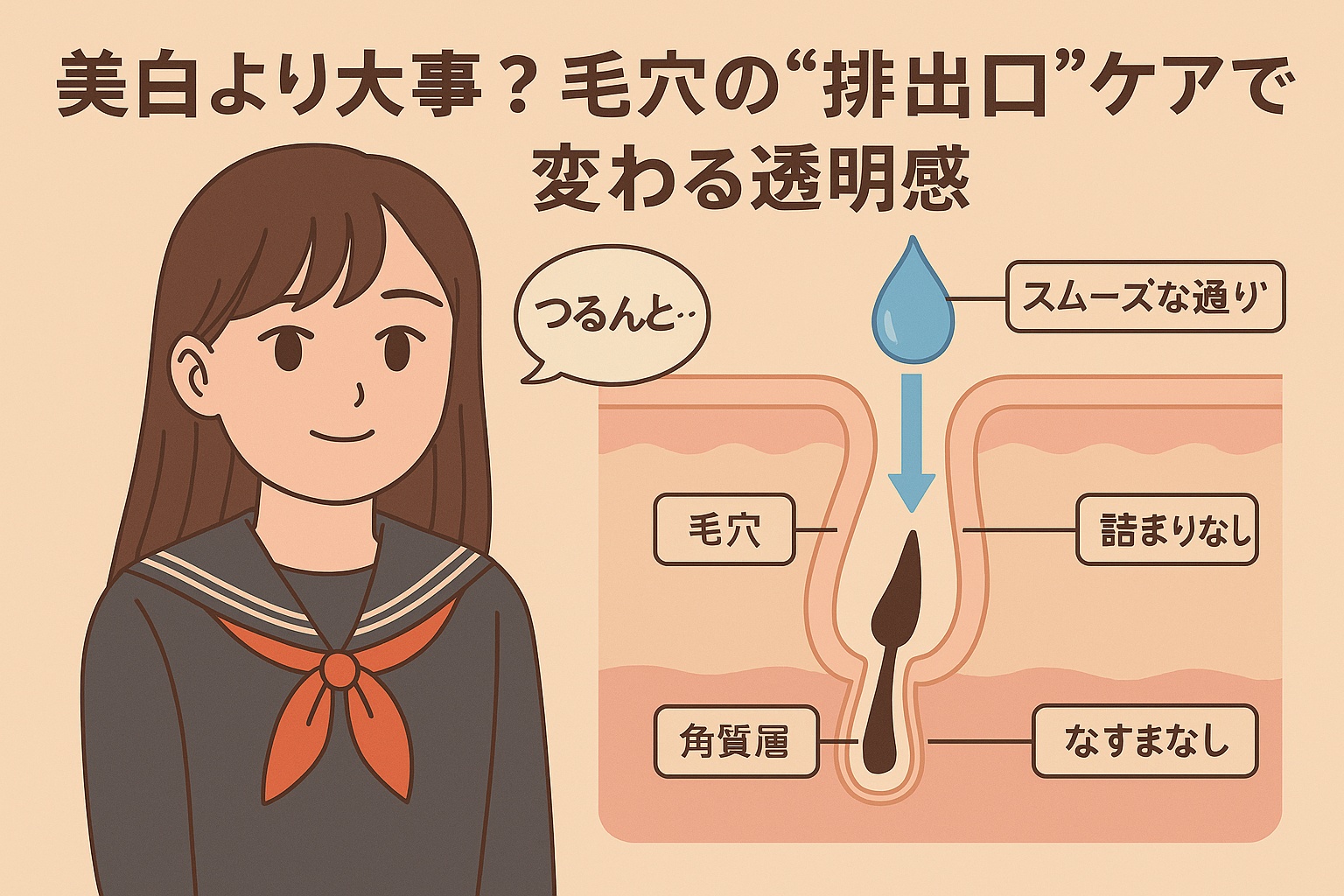 スムーズに流れる毛穴構造と透明感のつながりを示す教育図解。「詰まりなし」「なすまなし」などのラベルが整った毛穴の状態を表現している。