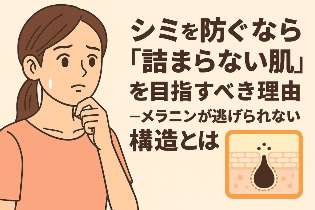 20代女性が頬を気にしながら考えているイラスト。右側には「シミを防ぐなら“詰まらない肌”を目指すべき理由──メラニンが逃げられない構造とは」という文字と、毛穴が詰まってメラニンが排出されない断面図が描かれている