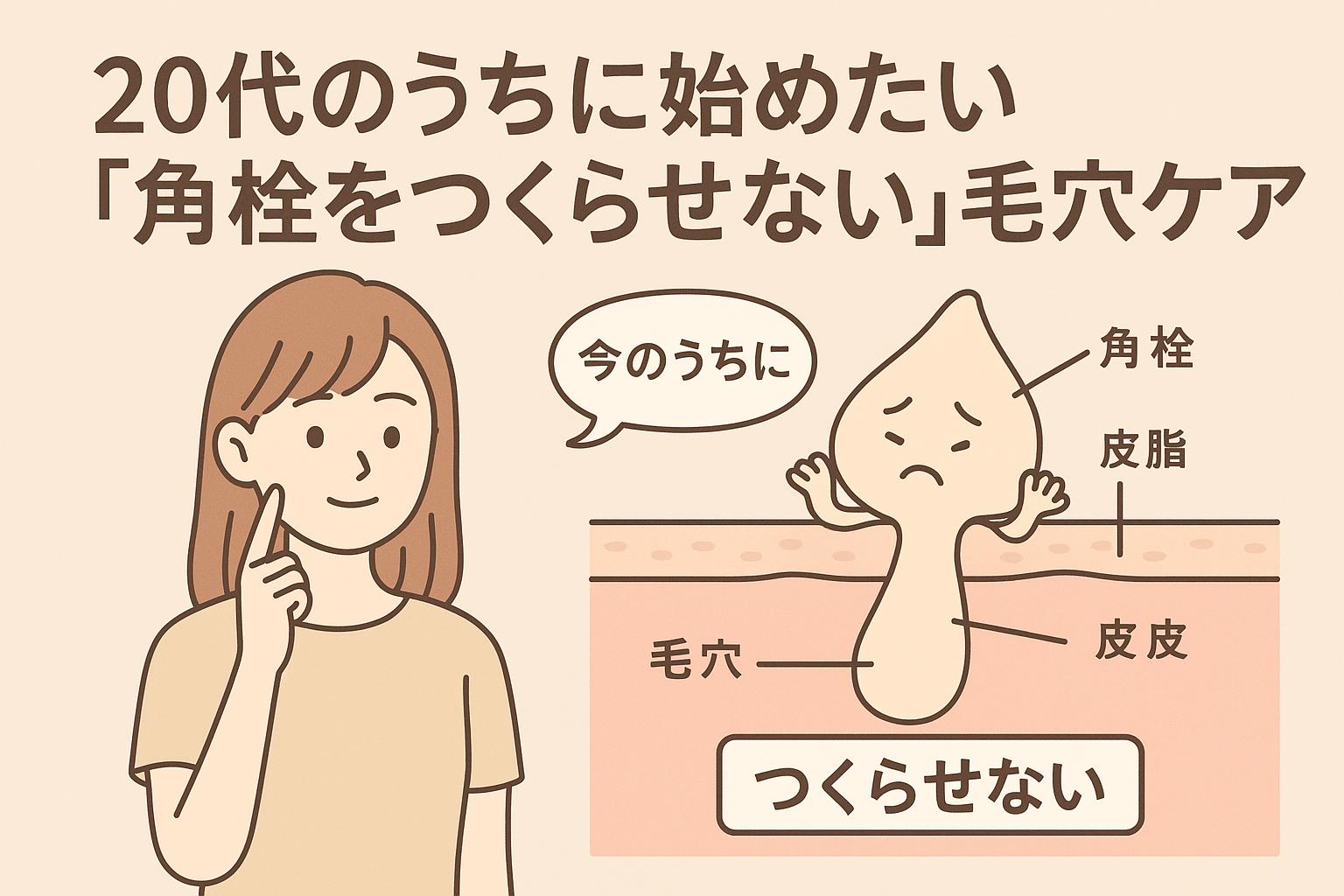 「今のうちに」と指を立てる女性と、悲しそうな顔をした角栓キャラが登場する断面図。「毛穴」「角栓」「皮脂」「皮皮」「つくらせない」のテキストが並び、20代から始めるべき予防的な毛穴ケアの意識づけを促す構成。
