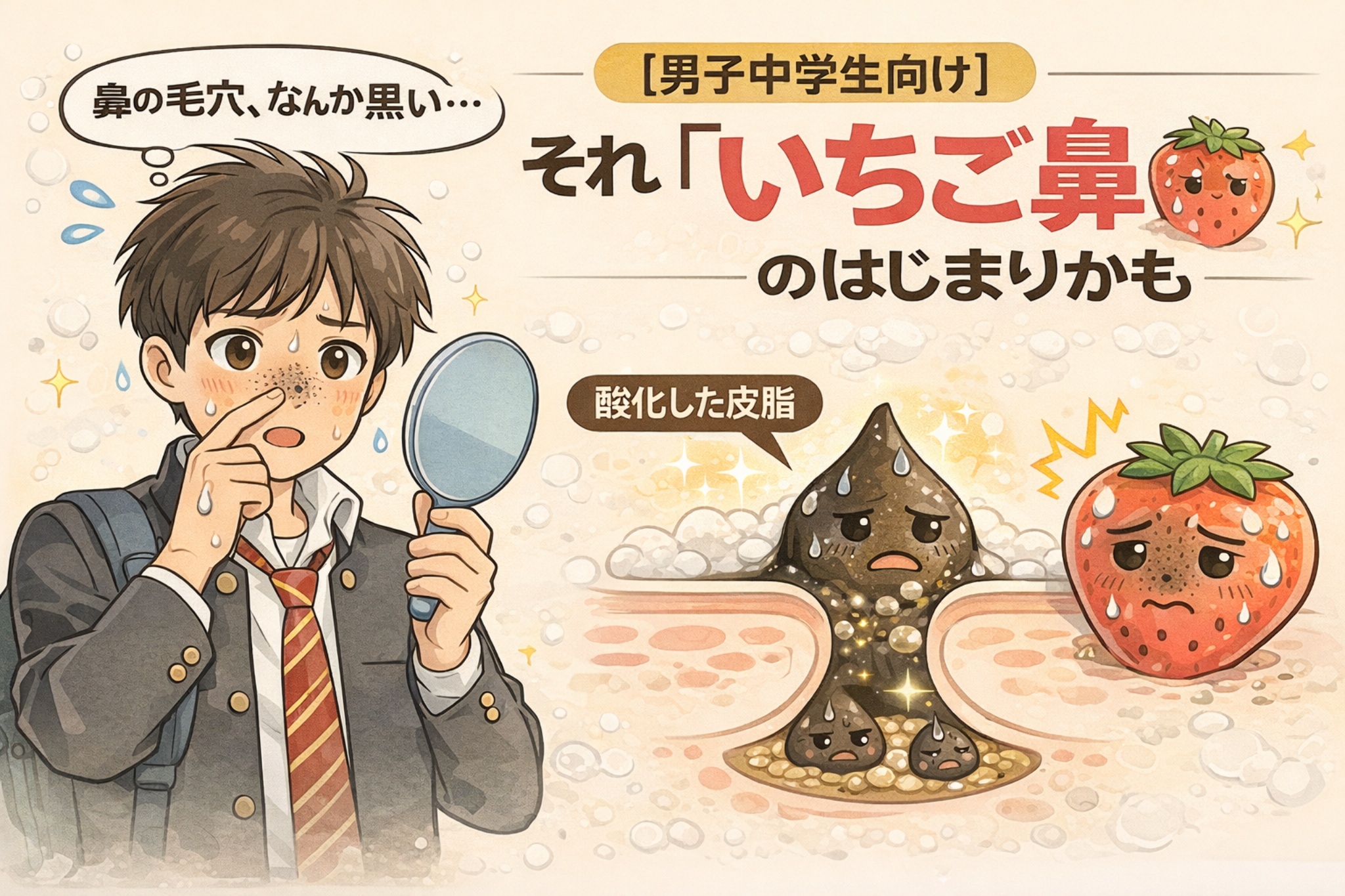 男子中学生向けに、鼻の黒ずみが「いちご鼻」の始まりであることを解説するイラスト。鏡を見ながら鼻の毛穴の黒さを気にする男子生徒と、右側には酸化した皮脂が毛穴に詰まった状態を示す断面図が描かれている。角栓をいちごに例えたキャラクター表現により、皮脂の酸化と黒ずみ発生の仕組みをわかりやすく伝えるビジュアル。