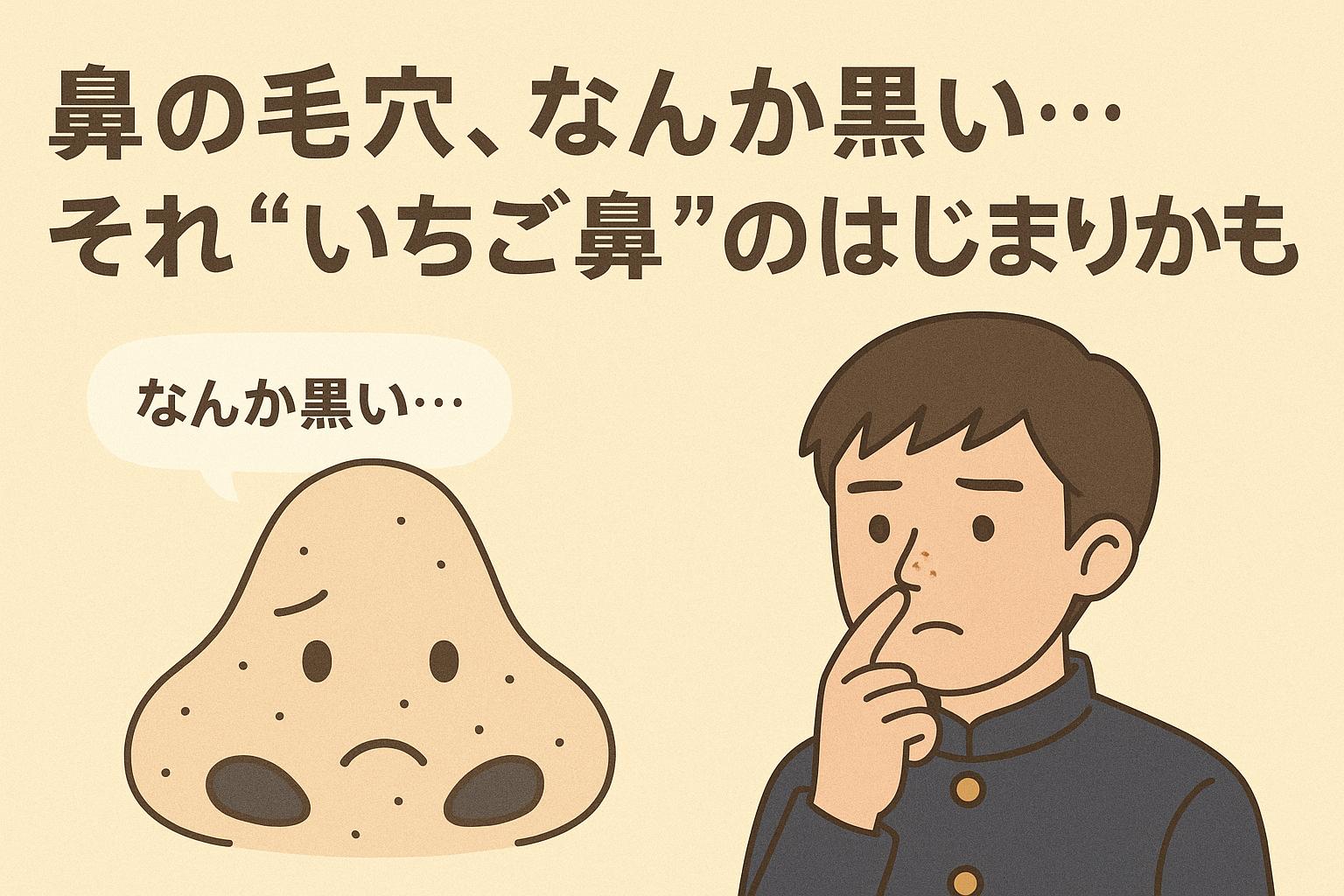 黒ずみのある鼻キャラと、鼻を気にして指を当てる男子中学生。「なんか黒い…」という吹き出しと共に「いちご鼻」の始まりを表現した構成。