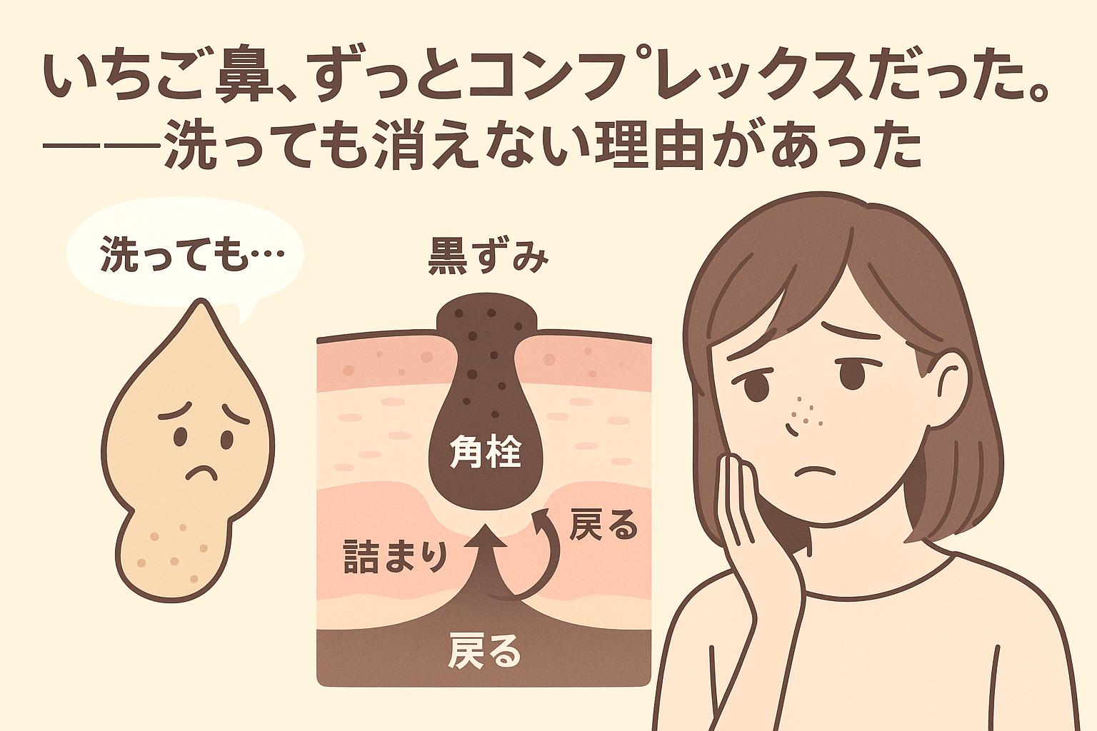 左に「洗っても…」と困惑する皮脂キャラ、中央に角栓・黒ずみ・詰まりが「戻る」ルートとして描かれた肌断面図、右にいちご鼻に悩む若い女性。