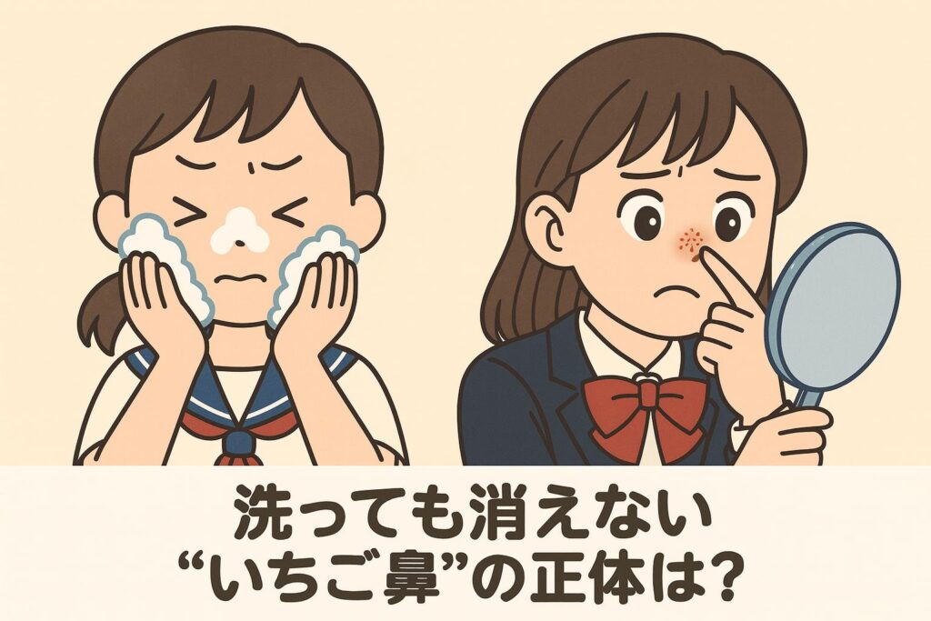 「洗顔している女子中学生が泡でゴシゴシ顔を洗っているが、鏡を見て鼻の黒ずみに悩む姿。テキストには『洗っても消えない“いちご鼻”の正体は？』と書かれているイラスト。」 