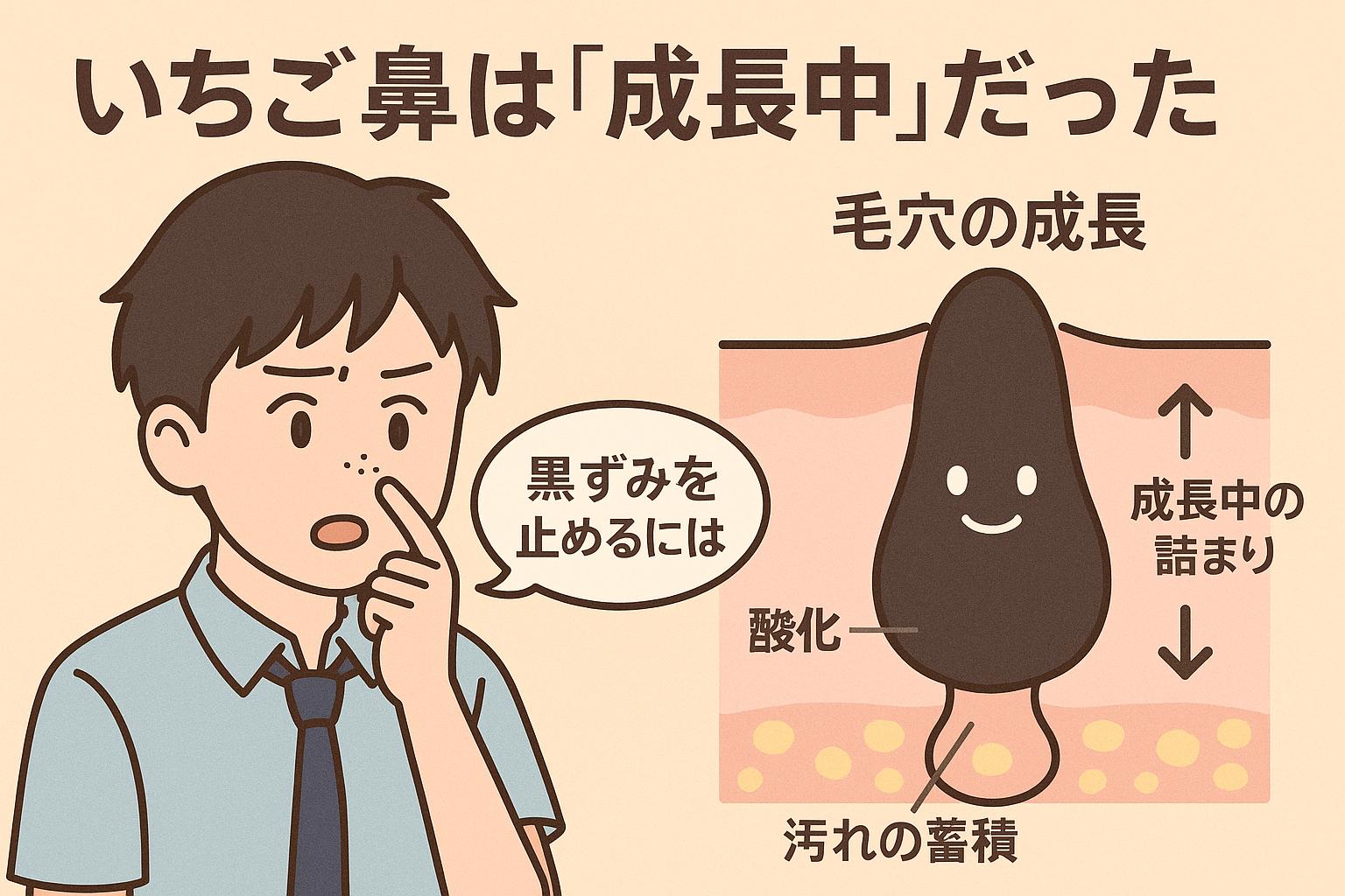 鼻の黒ずみを心配そうに見つめる男子高校生と、毛穴が成長・酸化・蓄積していく様子を表した図解。「毛穴の成長」「成長中の詰まり」「酸化」「汚れの蓄積」などのラベルが表示され、黒ずみの進行メカニズムを視覚化している。