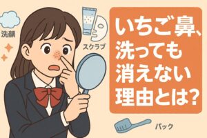 制服姿の女子中学生が手鏡をのぞき込み、鼻の黒ずみにショックを受けているイラスト。背景には「洗顔」「スクラブ」「パック」のアイコンが並び、右側に大きく「いちご鼻、洗っても消えない理由とは？」と書かれている。