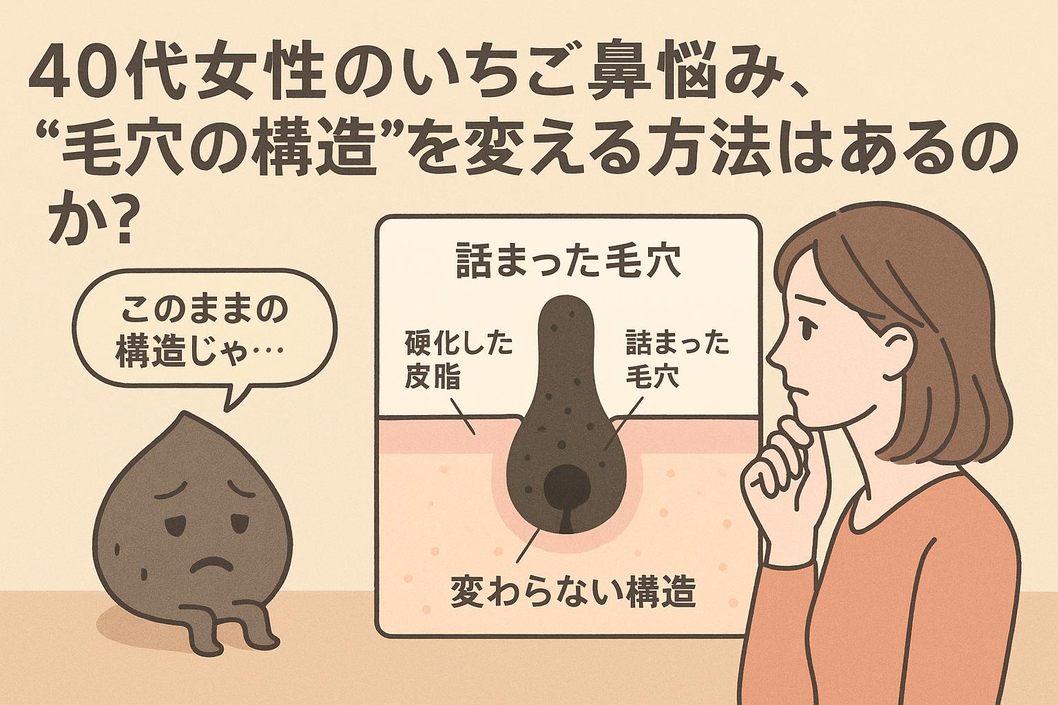 　「40代女性のいちご鼻悩み、“毛穴の構造”を変える方法はあるのか？」というタイトル。左に「もう変わらないのかな…」とつぶやく涙型キャラ、中央に詰まった毛穴と固定化された構造の断面図、右に鼻を気にする女性の構成。