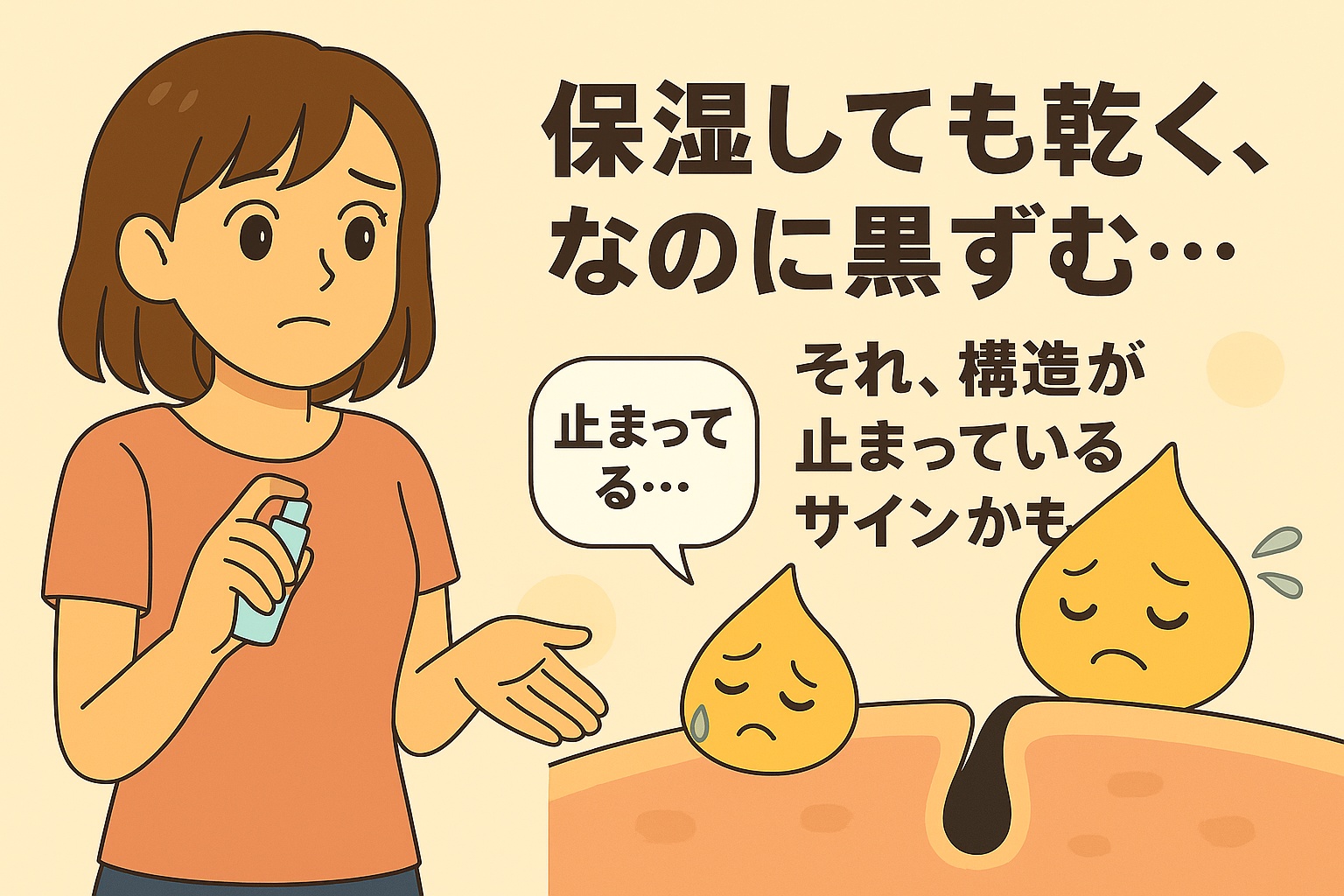 化粧水を手に困惑する女性と、涙を流すしずくキャラ。黒ずみ毛穴の内部構造が機能不全になっていることで、保湿効果が妨げられている様子を可視化したイラスト。
