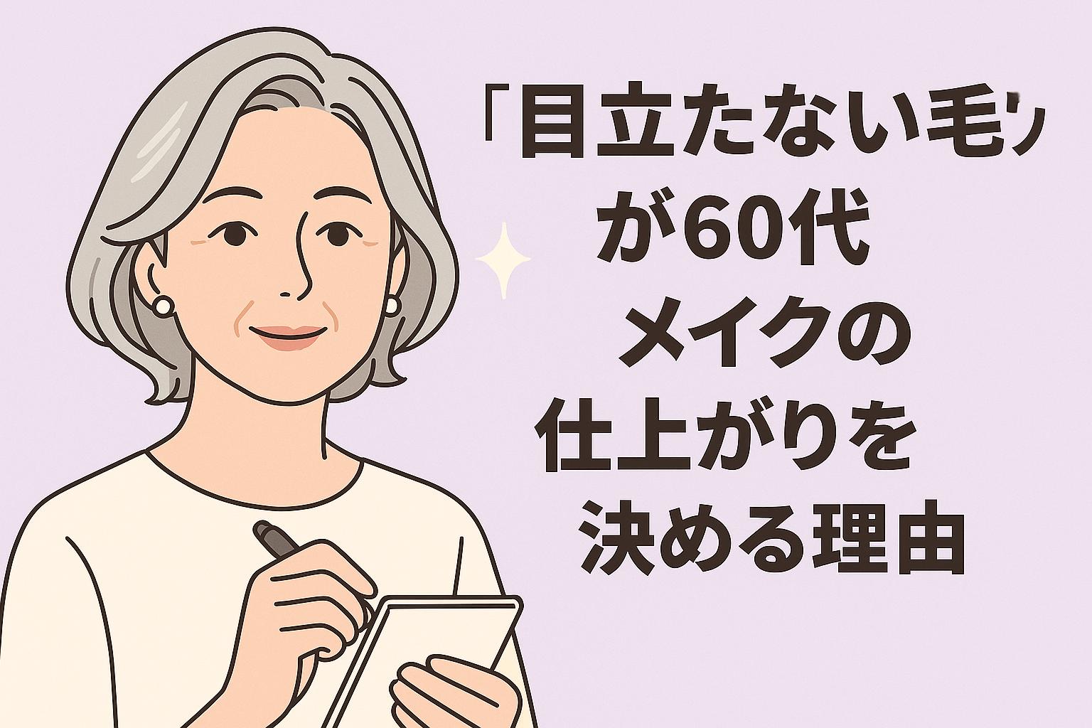 品のある60代女性が自然な笑顔でノートを持ち、「目立たない毛穴が60代メイクの仕上がりを決める理由」というタイトルが右に配置されたビジュアル。肌は滑らかで清潔感があり、淡いラベンダー背景が上品さを引き立てる。