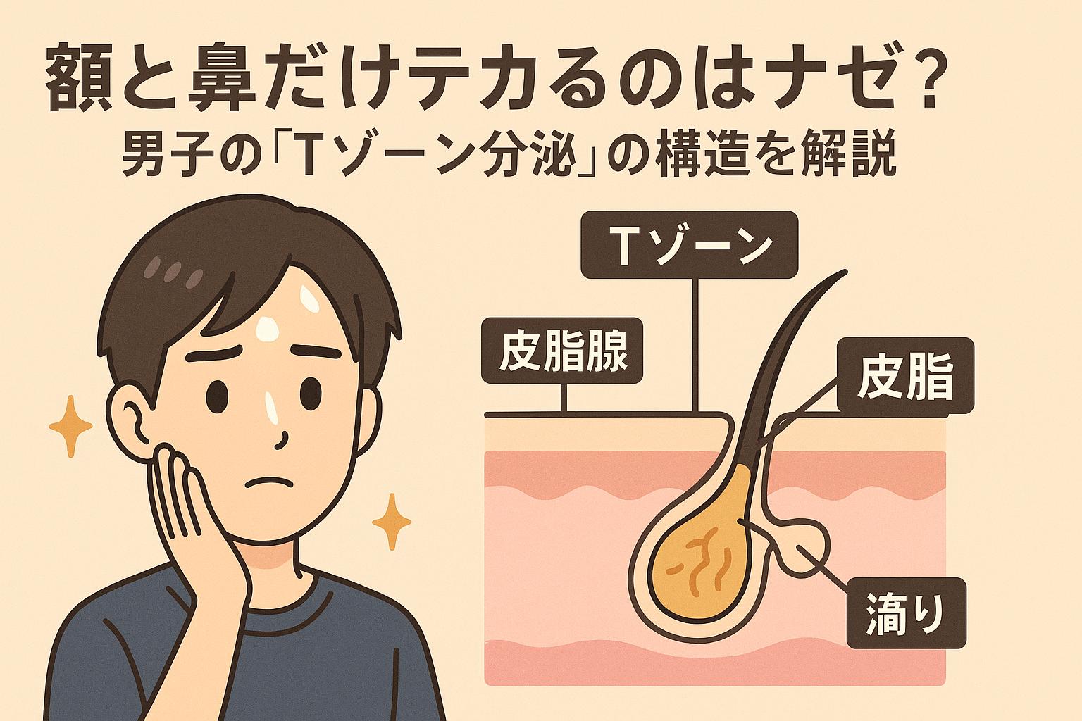 額と鼻のテカリに悩む男子高校生と、皮脂腺から皮脂が分泌されている様子を示す毛穴断面図。「Tゾーン」「皮脂腺」「皮脂」「滴り」などのラベル付きで、Tゾーンだけテカる構造的な理由を説明している。