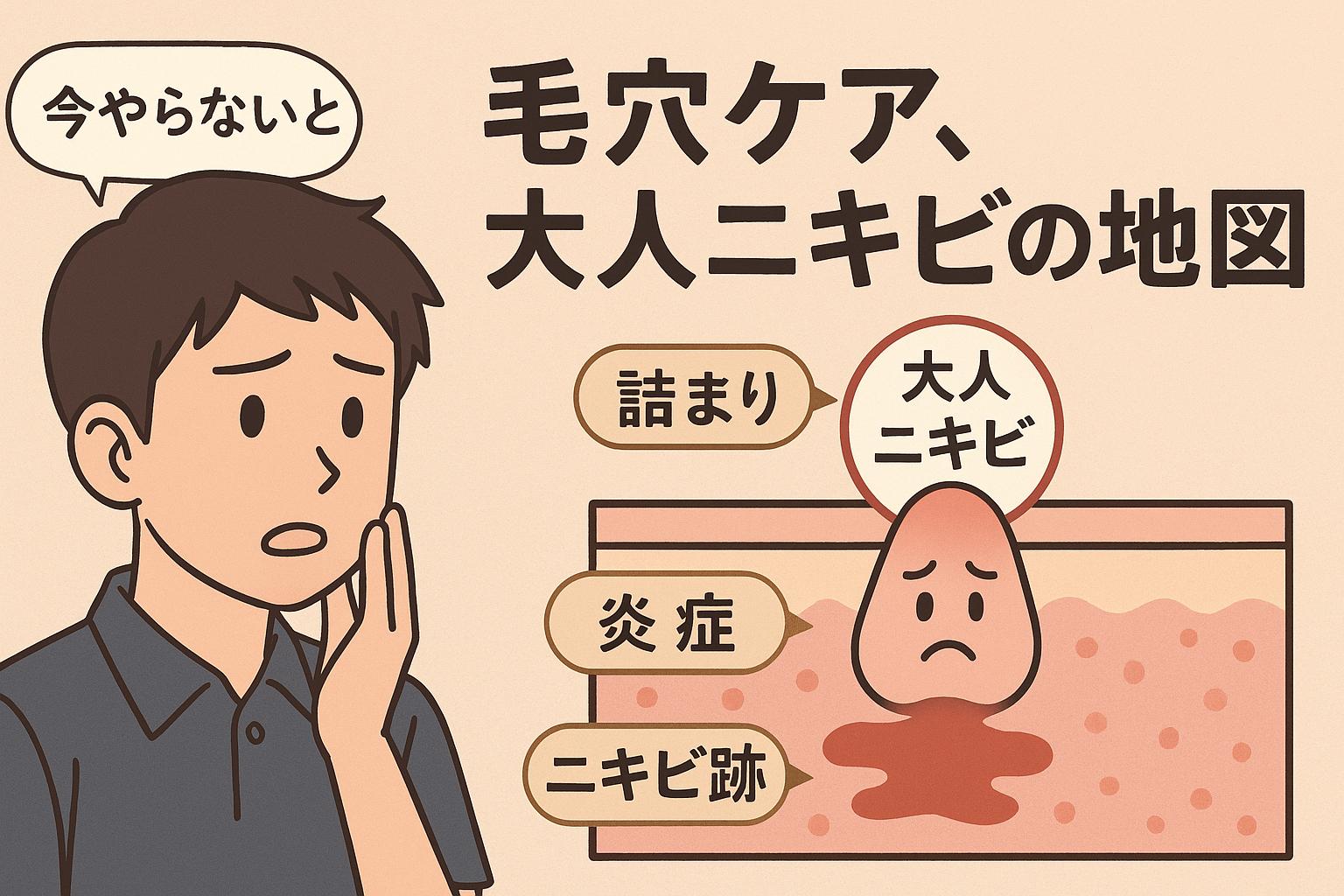「今やらないと」と心配する男子高校生と、毛穴の詰まりから大人ニキビ、炎症、ニキビ跡へと進行する断面図。「詰まり」「炎症」「ニキビ跡」「大人ニキビ」などのラベルが並び、将来の肌トラブルを可視化している。