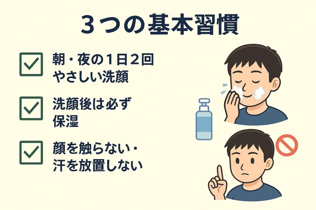 「毛穴ケアの3つの基本習慣をまとめたチェックリストイラスト。左側に緑のチェックマーク付きで『朝・夜の1日2回やさしい洗顔』『洗顔後は必ず保湿』『顔を触らない・汗を放置しない』と書かれている。右側には洗顔している男の子、保湿用ボトル、顔を触らない仕草をする男の子のイラストが描かれている。」