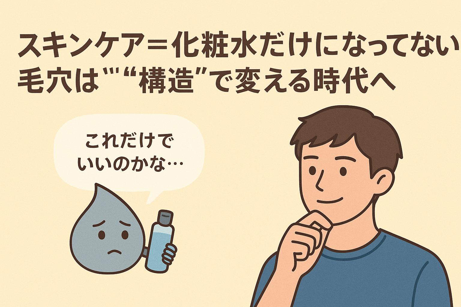 スキンケア＝化粧水だけ？と問いかけるタイトルと、化粧水を持って困り顔のしずくキャラ、「これだけでいいのかな…」というセリフ、考える男子大学生キャラのイラスト。