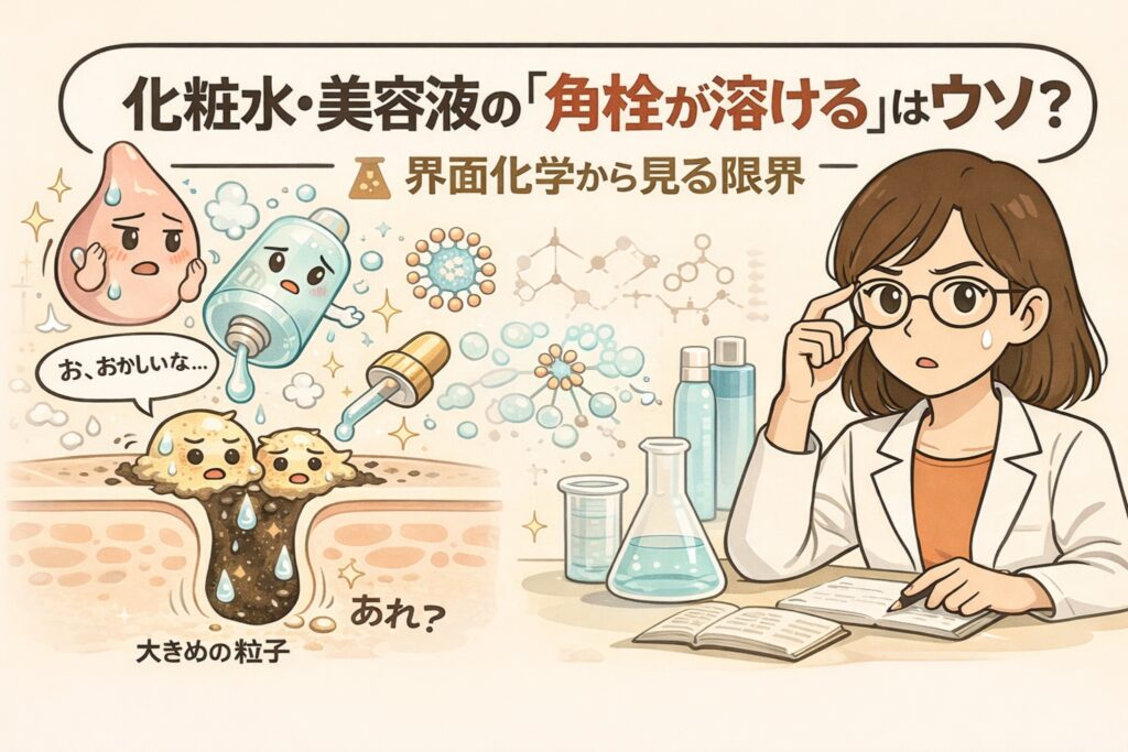 化粧水や美容液で「角栓が溶ける」という説の真偽を、界面化学の視点から解説した図解イラスト。毛穴内の角栓と粒子サイズの限界、擬人化された化粧品成分、白衣の女性研究者が考察している。
