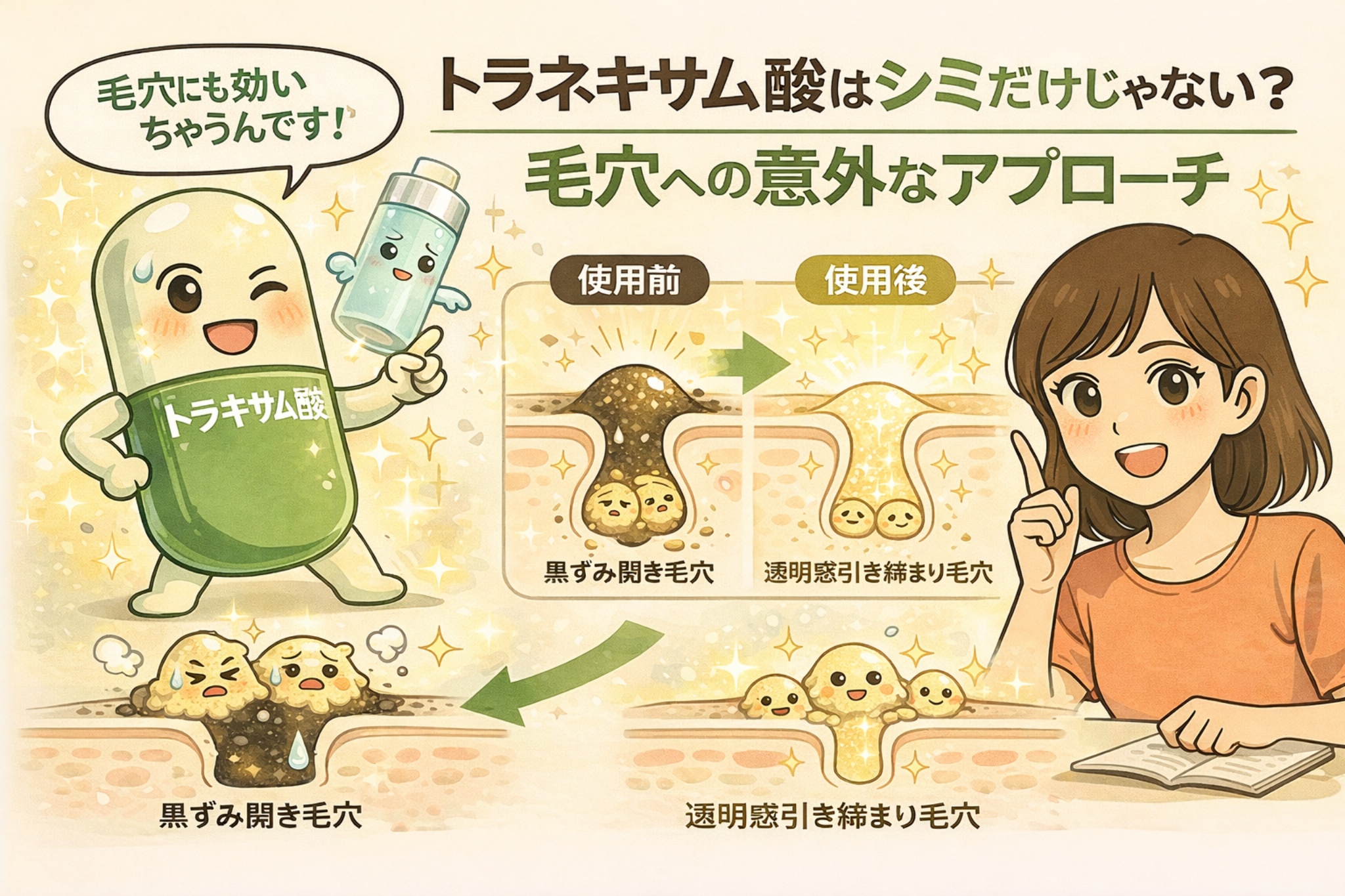 トラネキサム酸が毛穴に与える影響を解説したイラスト。使用前後の毛穴断面を比較し、黒ずみや開きが目立つ状態から、透明感と引き締まり感のある毛穴に見える仕組みを図解している。シミ対策成分として知られるトラネキサム酸の、毛穴への意外なアプローチをわかりやすく示している。