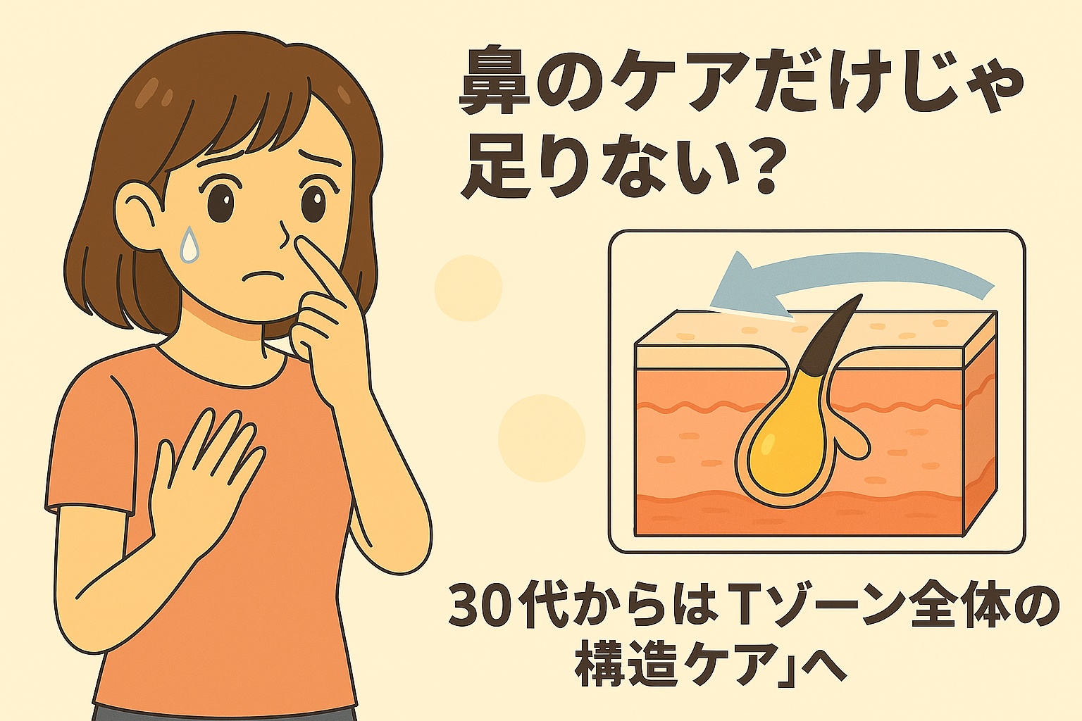 鼻に手を当てて不安げな女性と、毛穴断面に向けた大きな矢印が描かれた構造図。Tゾーン全体の流れや構造を整える必要性をストレートに表現した構図。