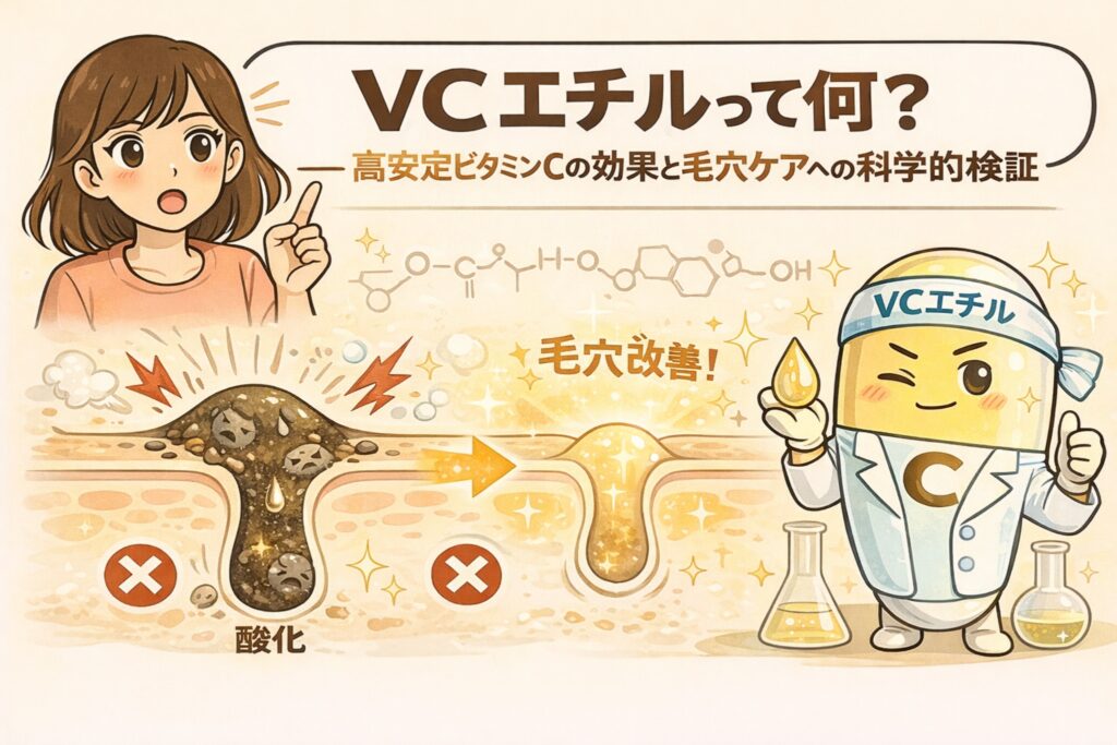 VCエチル（高安定型ビタミンC誘導体）とは何かを、毛穴ケアの視点で解説するイラスト。疑問を持つ女性と、酸化した毛穴が整った状態へ変化する断面図、実験器具を持つVCエチルの擬人化キャラクターを描き、安定性と毛穴改善への科学的検証をわかりやすく表現している。