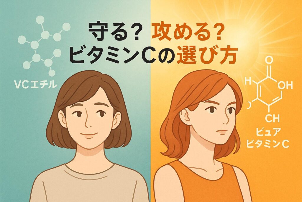 「守る？ 攻める？ ビタミンCの選び方」というキャッチコピー。
左側に「VCエチル」を示す分子アイコンと柔らかく微笑む女性、背景は青緑。
右側に「ピュアビタミンC」の化学構造式と強い光を背にした女性、背景はオレンジ。
👉 VCエチル＝守る、ピュアC＝攻める、という比較を表現したイラスト。