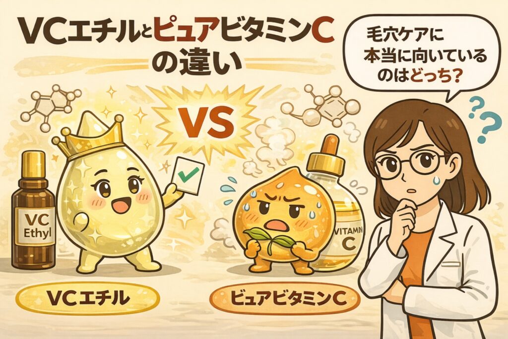 VCエチルとピュアビタミンCの違いを毛穴ケア視点で比較したイラスト。安定性や使いやすさのあるVCエチルと、刺激が出やすいが高濃度設計が多いピュアビタミンCを対比し、毛穴ケアに向いている考え方の違いをわかりやすく示している。