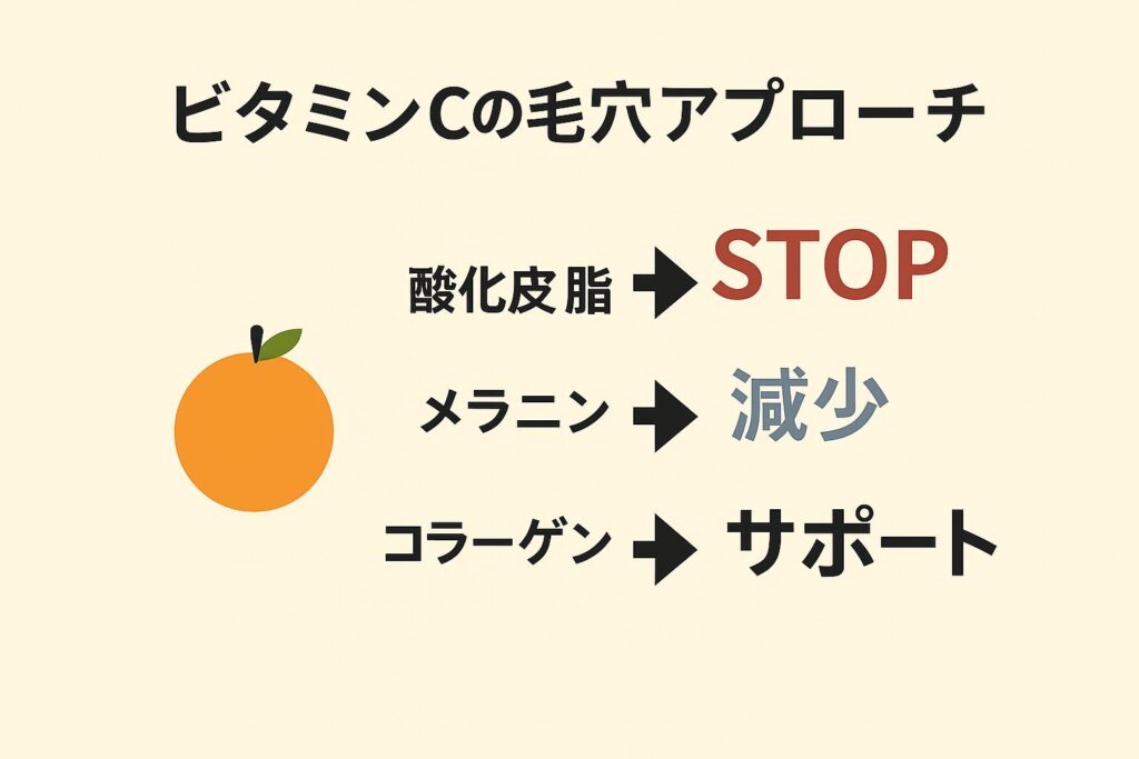 「ビタミンCの毛穴アプローチ」を示す図解。
左側にオレンジのイラスト、右側に矢印付きのテキスト。
「酸化皮脂 → STOP（赤色強調）」「メラニン → 減少（青色強調）」「コラーゲン → サポート（黒文字）」と表示され、ビタミンCの毛穴ケア効果を直感的に理解できるデザイン。