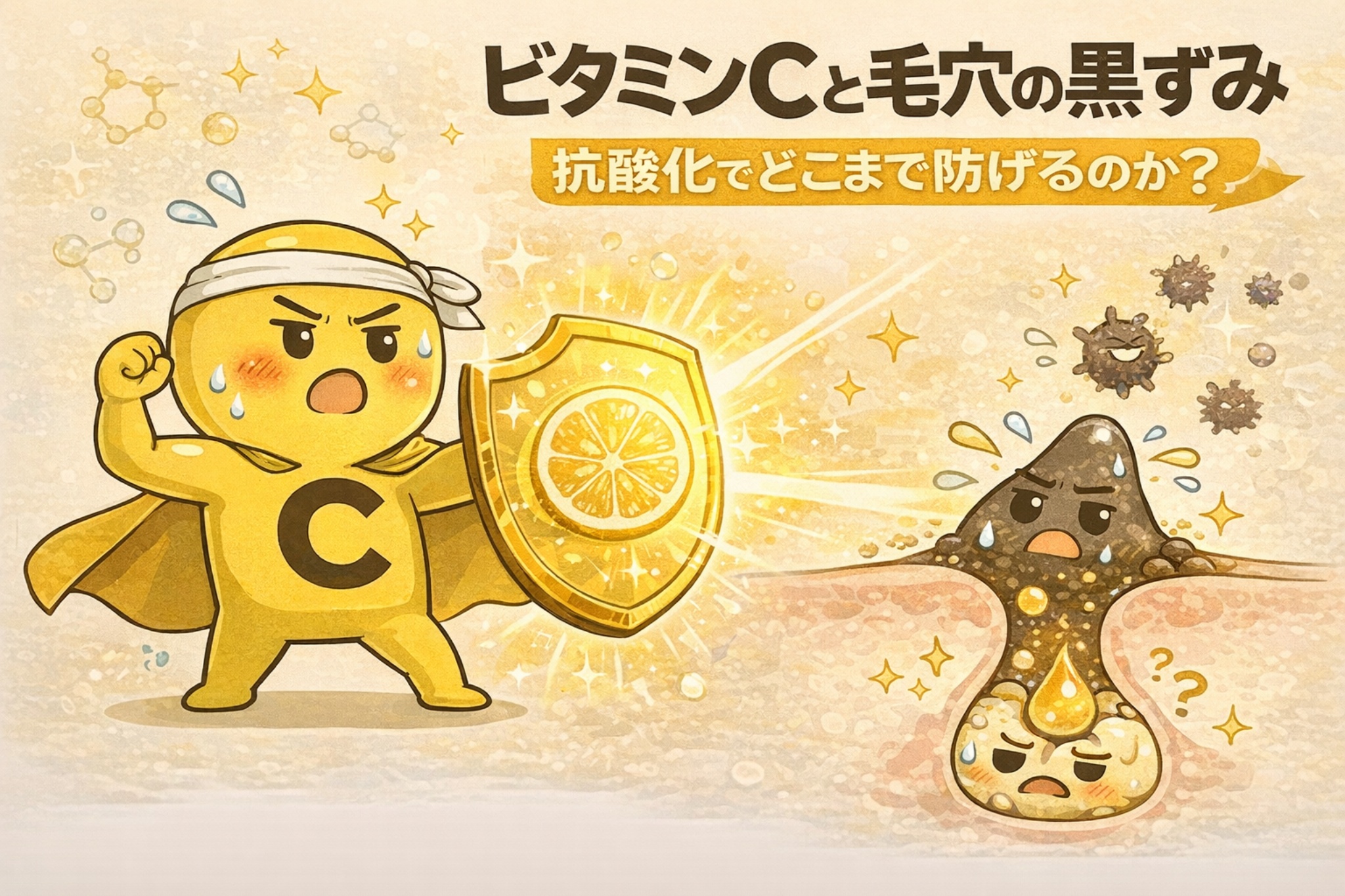 ビタミンCの抗酸化作用が毛穴の黒ずみをどこまで防げるかを解説する図解イラスト。盾を構えたビタミンCの擬人化キャラクターが、皮脂の酸化によって黒ずみ始めた角栓を防御しようとする様子を表現。抗酸化による予防効果と、すでに黒ずんだ角栓には限界があることを視覚的に示している。