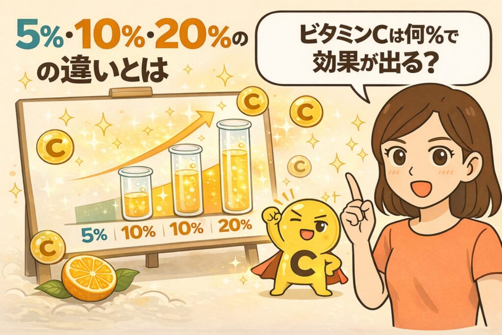 ビタミンC美容液の濃度5％・10％・20％の違いを図解したイラスト。濃度ごとの特徴をグラフと試験管で示し、どの濃度で効果を感じやすいかをわかりやすく解説している。