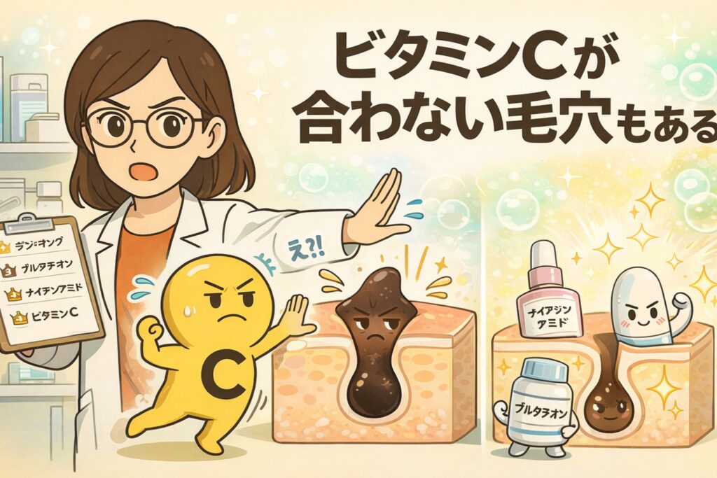 ビタミンCがすべての毛穴に合うわけではないことを示した図解イラスト。左側では白衣を着た専門家がチェックリスト（グルタチオン・ナイアシンアミド・ビタミンC）を持ち、ビタミンCの擬人化キャラクターが毛穴に近づこうとして制止されている。中央にはビタミンCが合わず、角栓が残って不調そうな毛穴断面図が描かれている。右側にはナイアシンアミドやグルタチオンと相性の良い毛穴が、明るく安定した状態で表現されている。「ビタミンCが合わない毛穴もある」というメッセージを通じて、毛穴タイプや成分選択の重要性を直感的に伝えている。