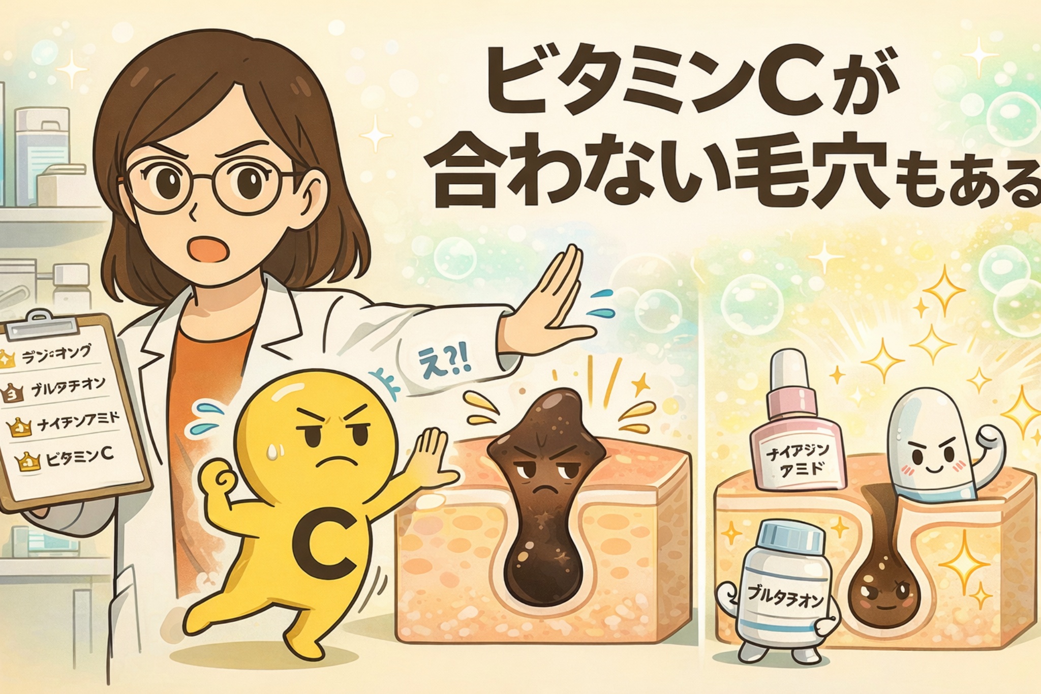 ビタミンCがすべての毛穴に合うわけではないことを示した図解イラスト。左側では白衣を着た専門家がチェックリスト（グルタチオン・ナイアシンアミド・ビタミンC）を持ち、ビタミンCの擬人化キャラクターが毛穴に近づこうとして制止されている。中央にはビタミンCが合わず、角栓が残って不調そうな毛穴断面図が描かれている。右側にはナイアシンアミドやグルタチオンと相性の良い毛穴が、明るく安定した状態で表現されている。「ビタミンCが合わない毛穴もある」というメッセージを通じて、毛穴タイプや成分選択の重要性を直感的に伝えている。