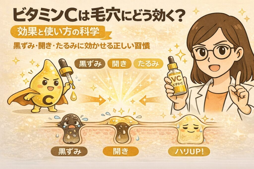 ビタミンCが毛穴にどう作用するかを、黒ずみ・開き・たるみの3つの悩み別に解説したイラスト。ビタミンC美容液を持つ白衣の女性と、抗酸化作用やハリ改善によって毛穴状態が変化する様子を毛穴断面図と擬人化キャラクターで表現し、正しい使い方と習慣の重要性を示している。