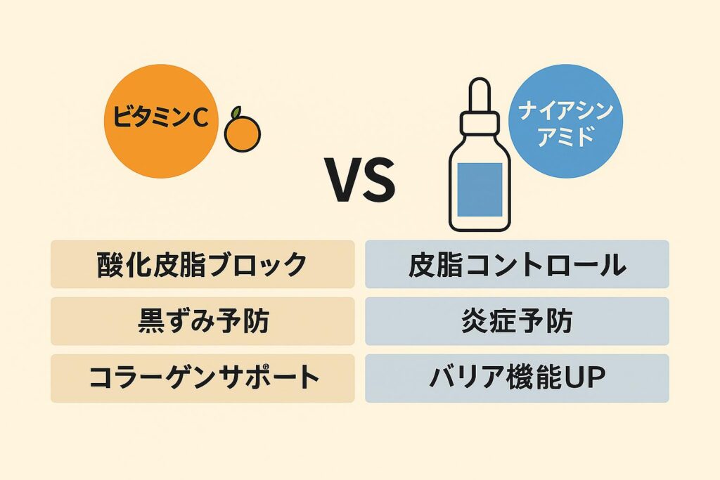 「ビタミンCとナイアシンアミド、どちらを選ぶべき？」という比較図。
左側にオレンジ色の円と果実アイコンで表現された「ビタミンC」、効果として「酸化皮脂ブロック・黒ずみ予防・コラーゲンサポート」。
右側に青色の円とスポイト瓶アイコンで表現された「ナイアシンアミド」、効果として「皮脂コントロール・炎症予防・バリア機能UP」。
中央に「VS」と記され、2成分の違いを対比している。