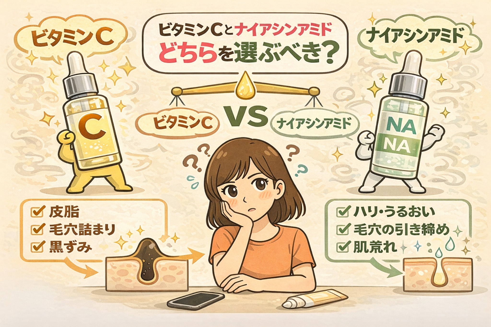 ビタミンCとナイアシンアミドのどちらを選ぶべきかを、擬人化した成分ボトルと比較図で解説したイラスト。皮脂・毛穴詰まり・黒ずみに向くビタミンCと、ハリ・うるおい・毛穴の引き締めに向くナイアシンアミドの特徴を対比し、悩みに合わせた選び方をわかりやすく示している。